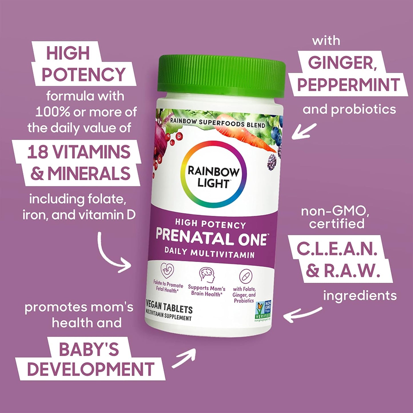 Vegan Rainbow Light High-Potency Prenatal One Multivitamin for Mom & Baby, 30 Count
