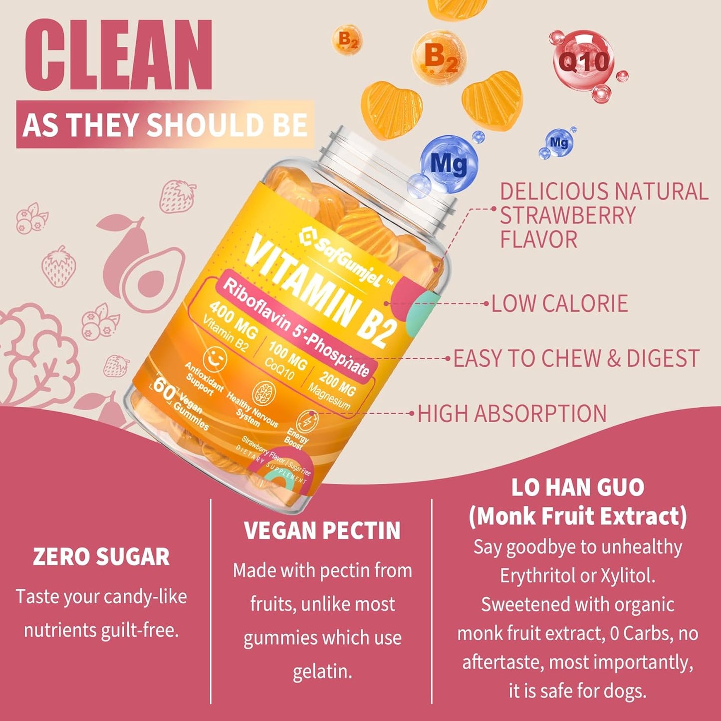 Vegan Riboflavin Gummies 400mg with CoQ10 for Energy and Cellular Health, Sugar Free B2 Vitamin Supplement with Magnesium for Nervous System Support