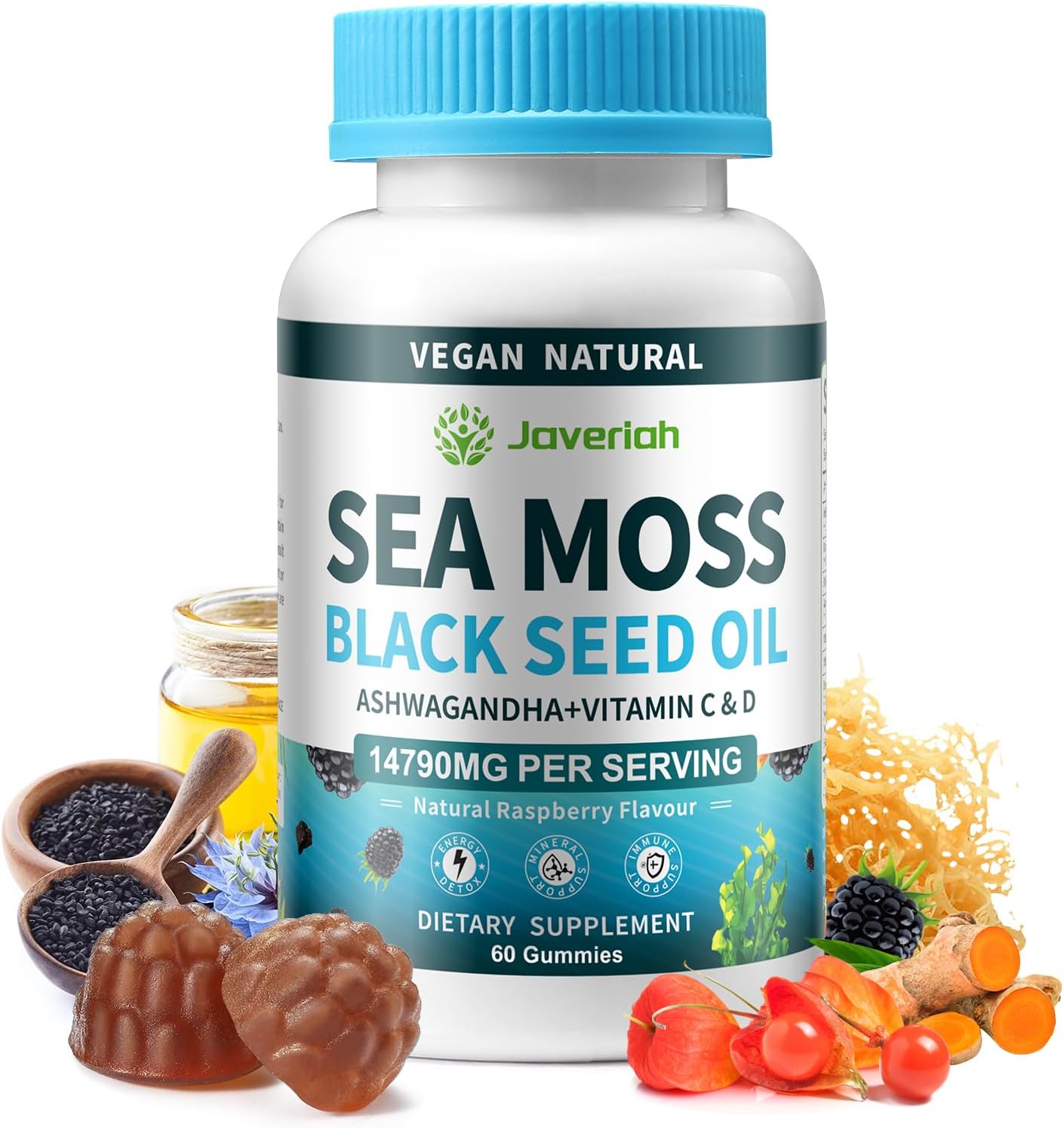 Vegan Sea Moss Gummies with Black Seed Oil, Ashwagandha, Vitamin C&D - 13-in-1 Bundle for Immune Support & Antioxidant - 60 Gummies