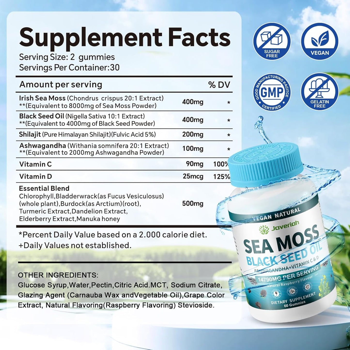 Vegan Sea Moss Gummies with Black Seed Oil, Ashwagandha, Vitamin C&D - 13-in-1 Bundle for Immune Support & Antioxidant - 60 Gummies