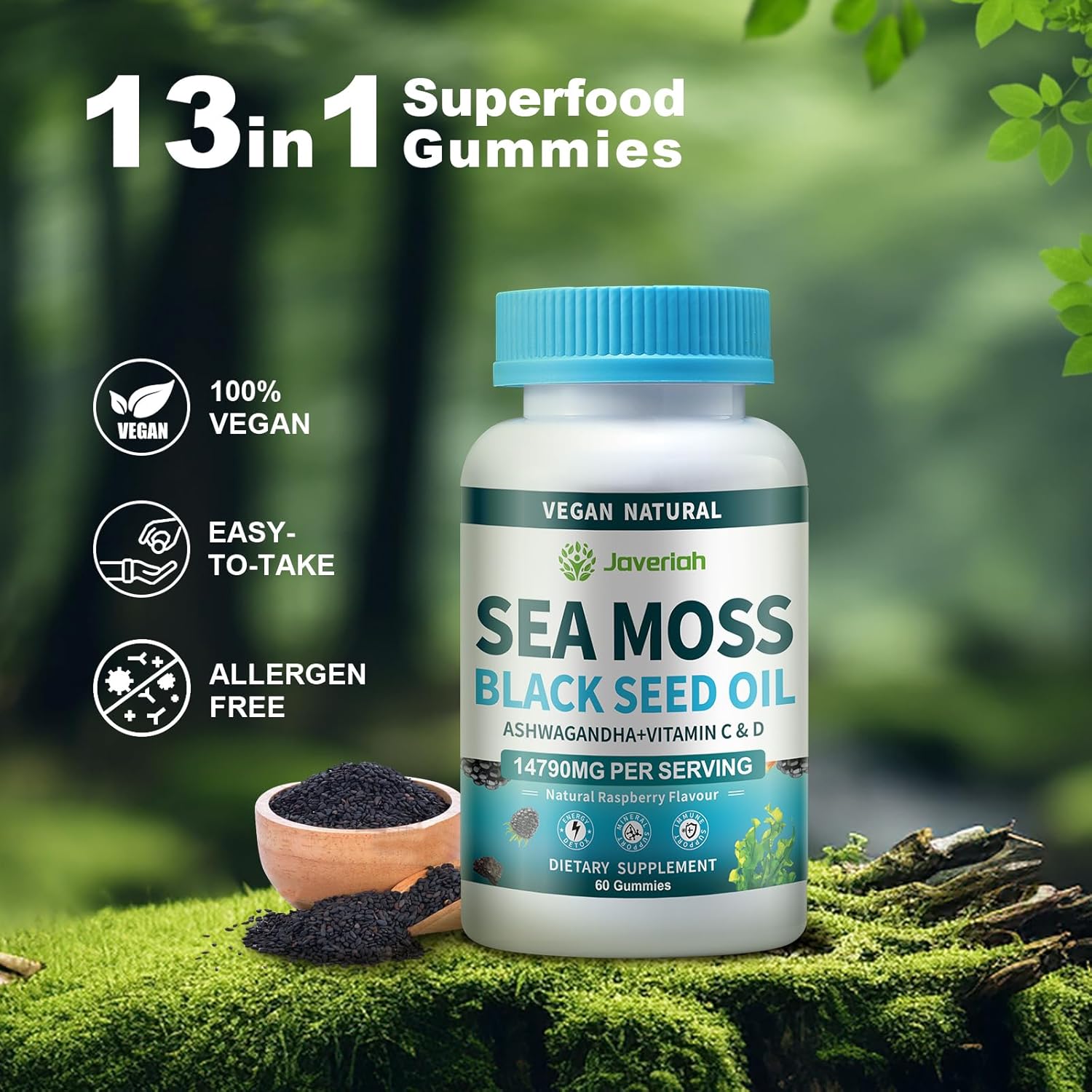 Vegan Sea Moss Gummies with Black Seed Oil, Ashwagandha, Vitamin C&D - 13-in-1 Bundle for Immune Support & Antioxidant - 60 Gummies