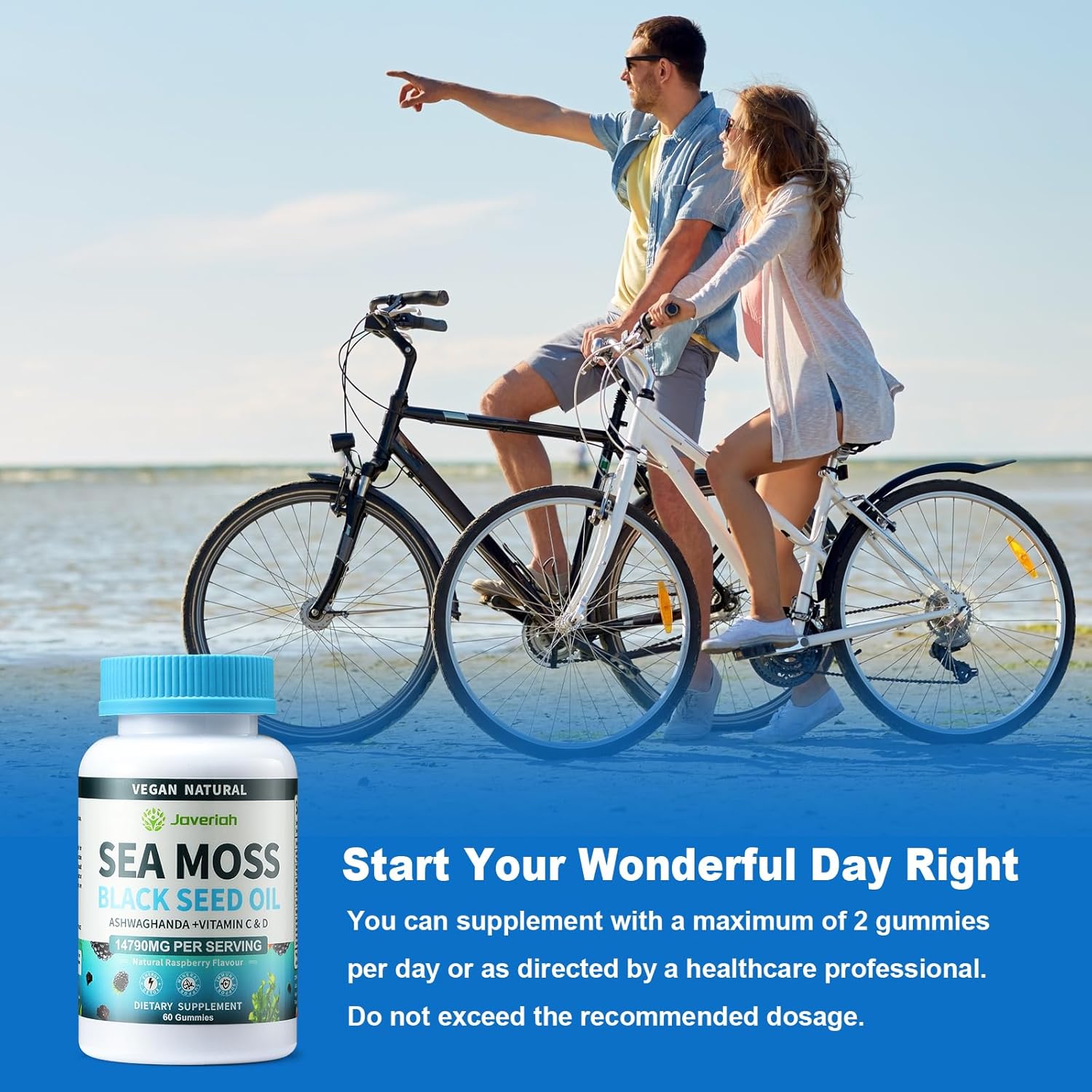 Vegan Sea Moss Gummies with Black Seed Oil, Ashwagandha, Vitamin C&D - 13-in-1 Bundle for Immune Support & Antioxidant - 60 Gummies