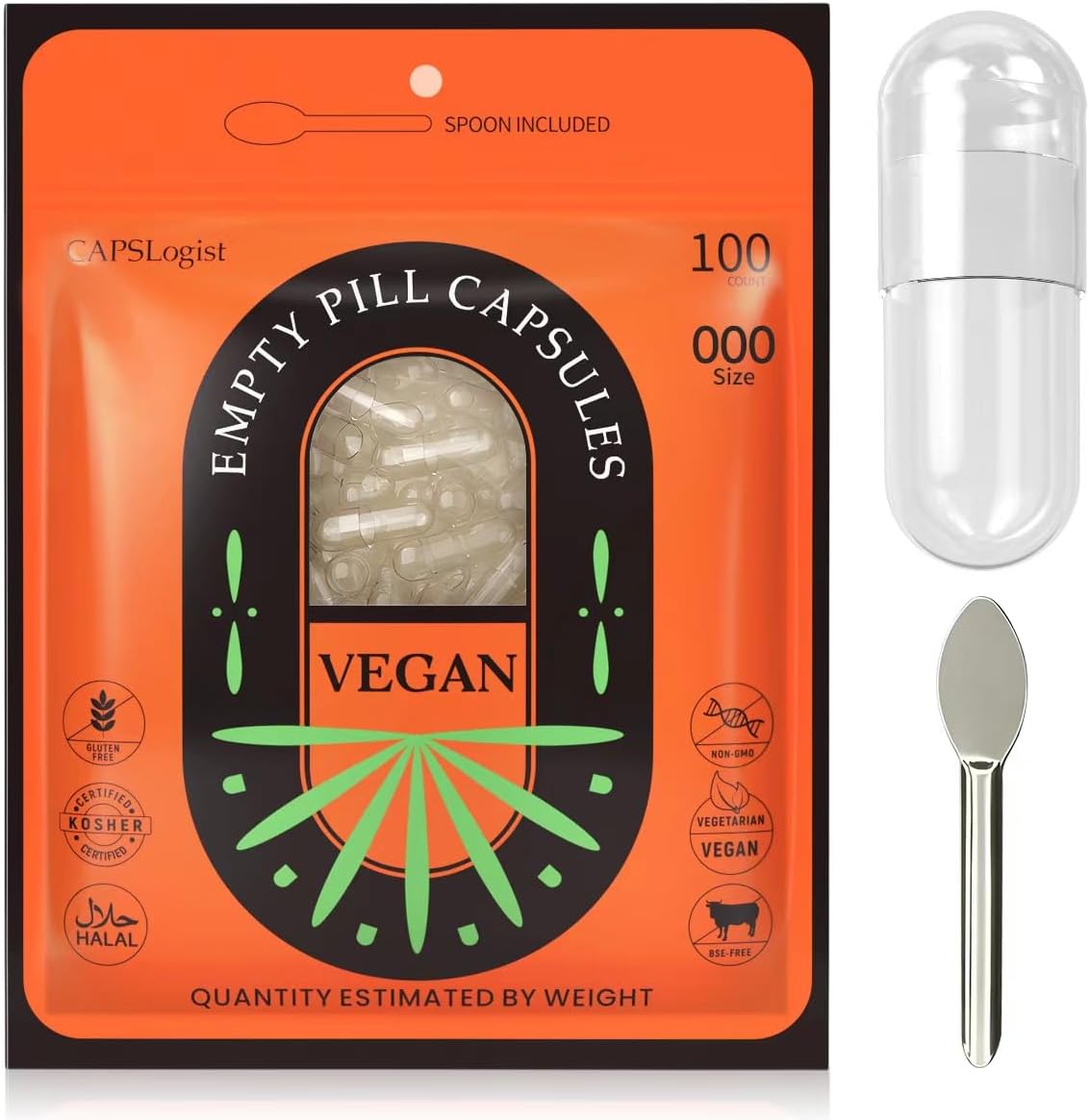 Vegan Size 000 Empty Pill Capsules - 100 Count with Micro Lab Spoon - Vegetarian Fillable Veggie Capsules for DIY Supplements