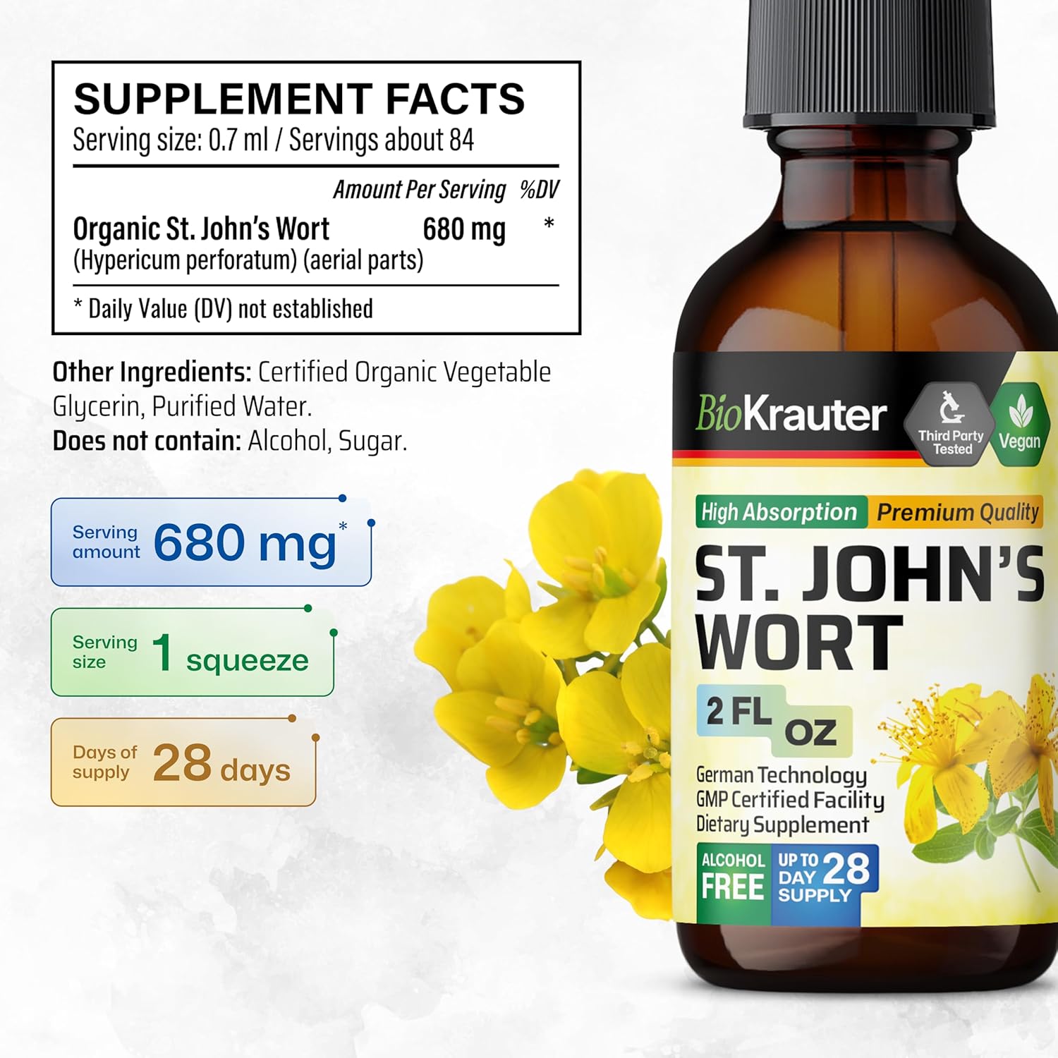 Vegan St. John's Wort Mood Support Tincture - Liquid Extract for High Absorption - 2 Fl.Oz. Bottle