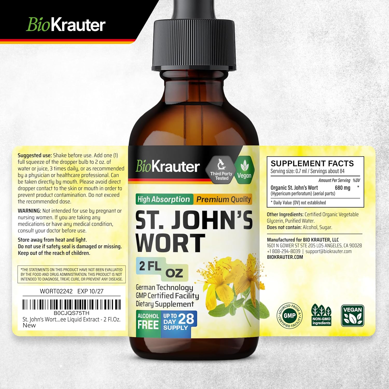 Vegan St. John's Wort Mood Support Tincture - Liquid Extract for High Absorption - 2 Fl.Oz. Bottle
