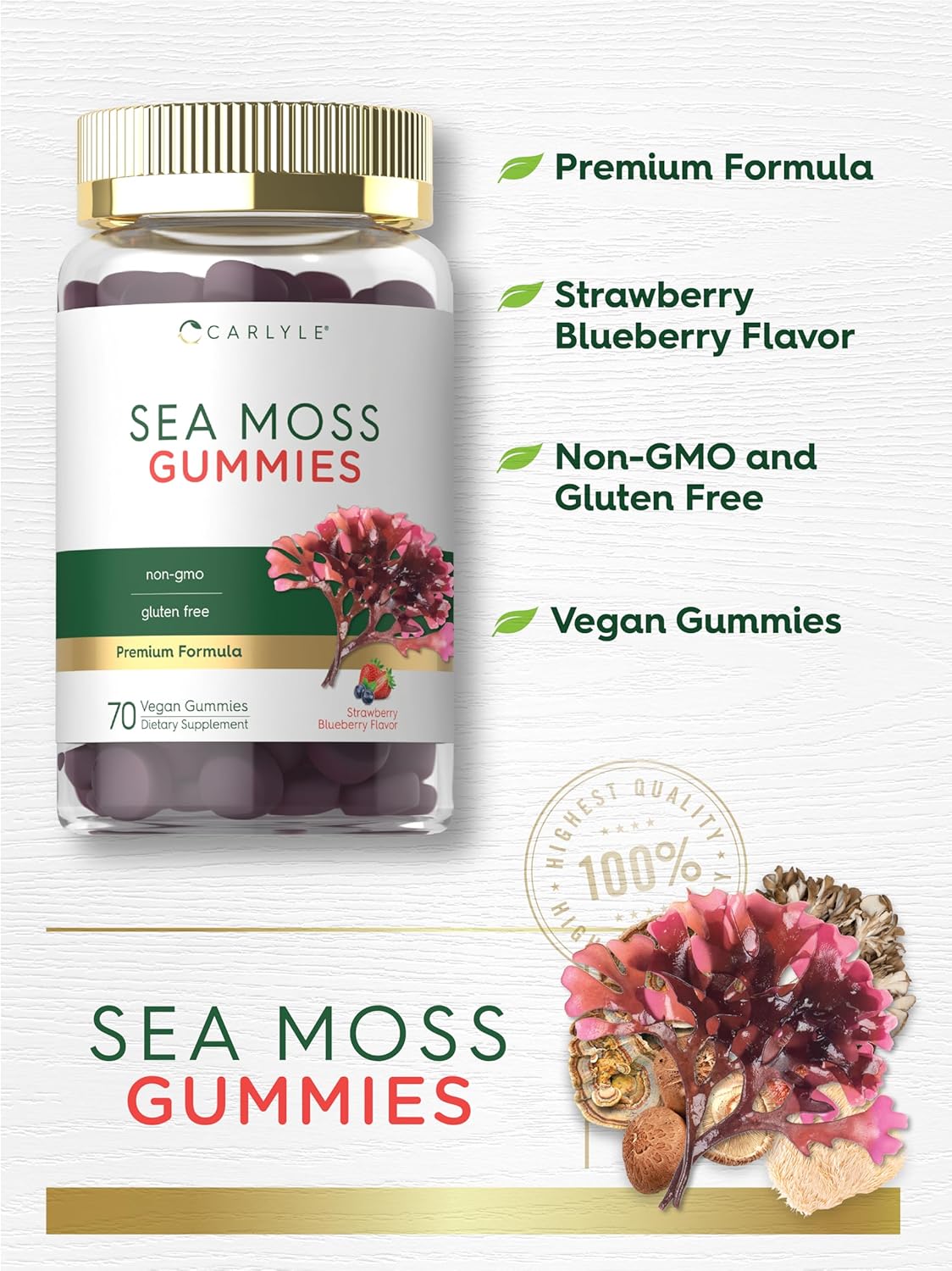 Vegan Strawberry Blueberry Sea Moss Gummies | 70 Count, Non-GMO Supplement