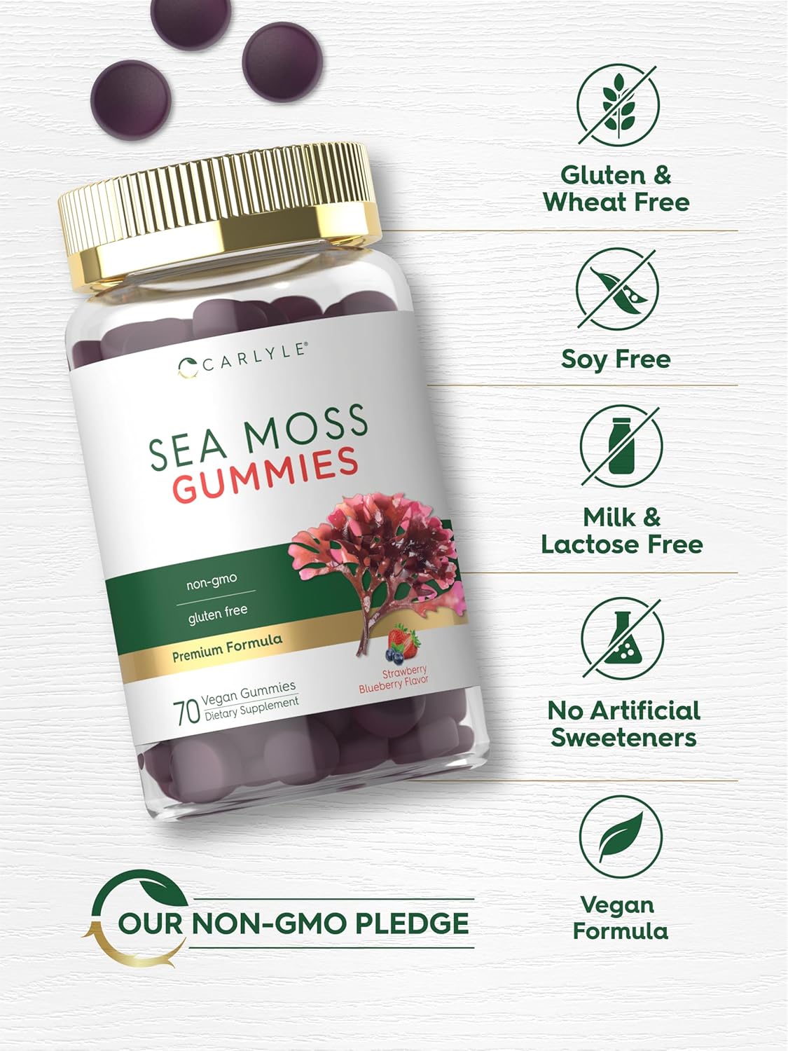 Vegan Strawberry Blueberry Sea Moss Gummies | 70 Count, Non-GMO Supplement