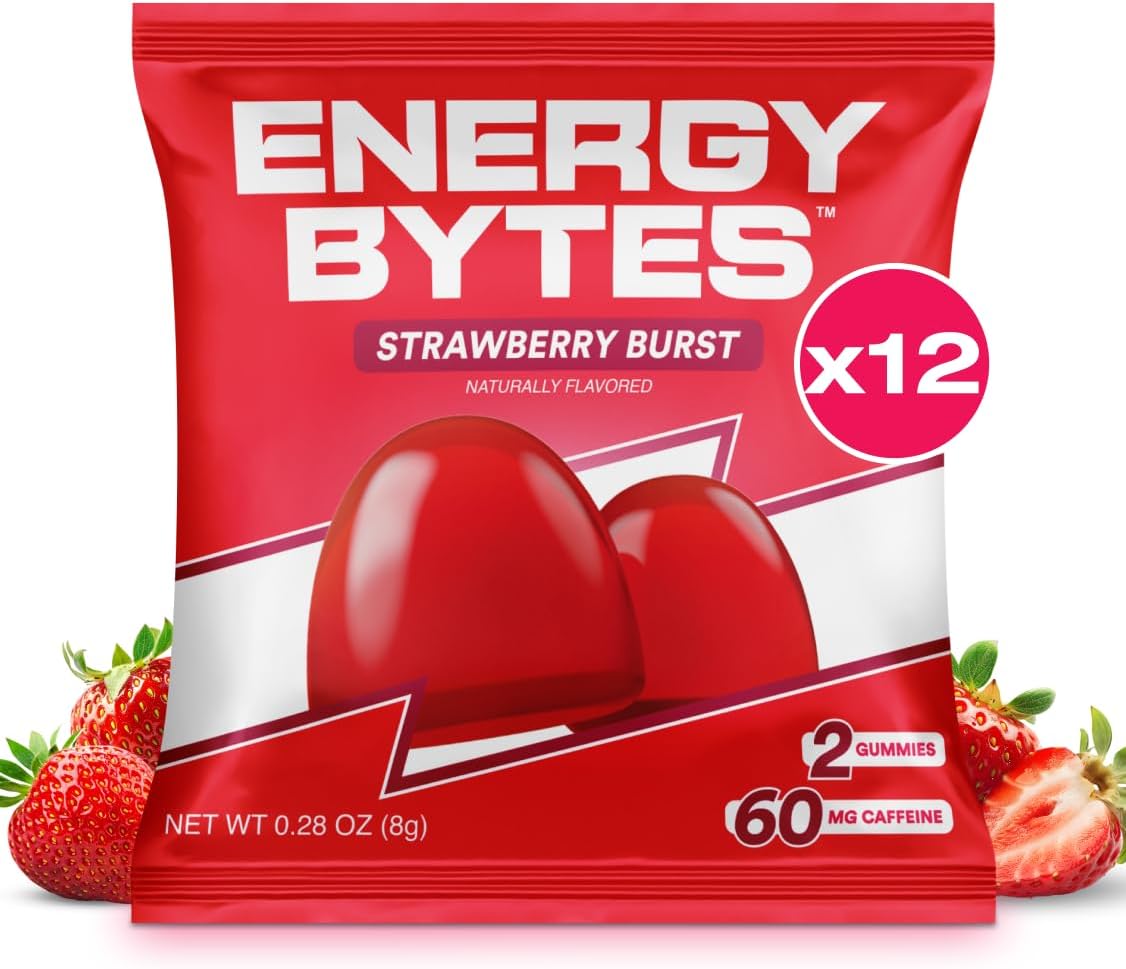 Vegan Strawberry Burst Energy Gummies for Running and Cycling | Low Sugar Caffeine Chews for Sports Performance | 12-Pack