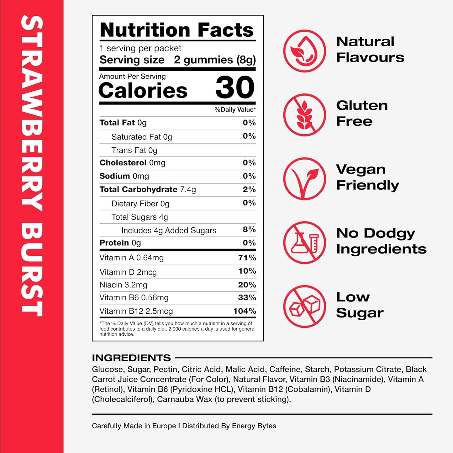 Vegan Strawberry Burst Energy Gummies for Running and Cycling | Low Sugar Caffeine Chews for Sports Performance | 12-Pack