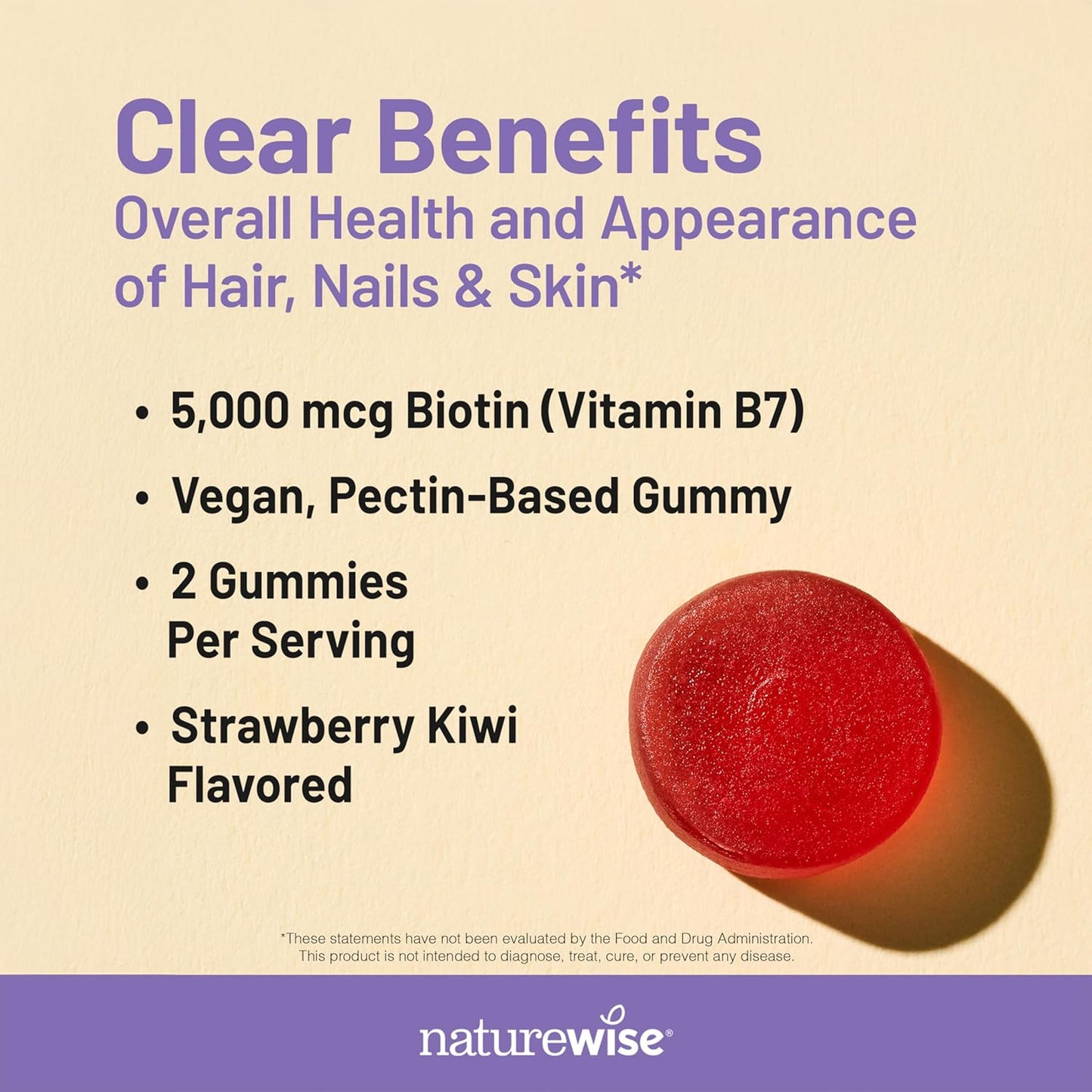 Vegan Strawberry-Kiwi Biotin Gummies - Hair, Skin, and Nails Supplement - 5000mcg Vitamin B7 - Gluten-Free - Natural Beauty Support - 60 Count