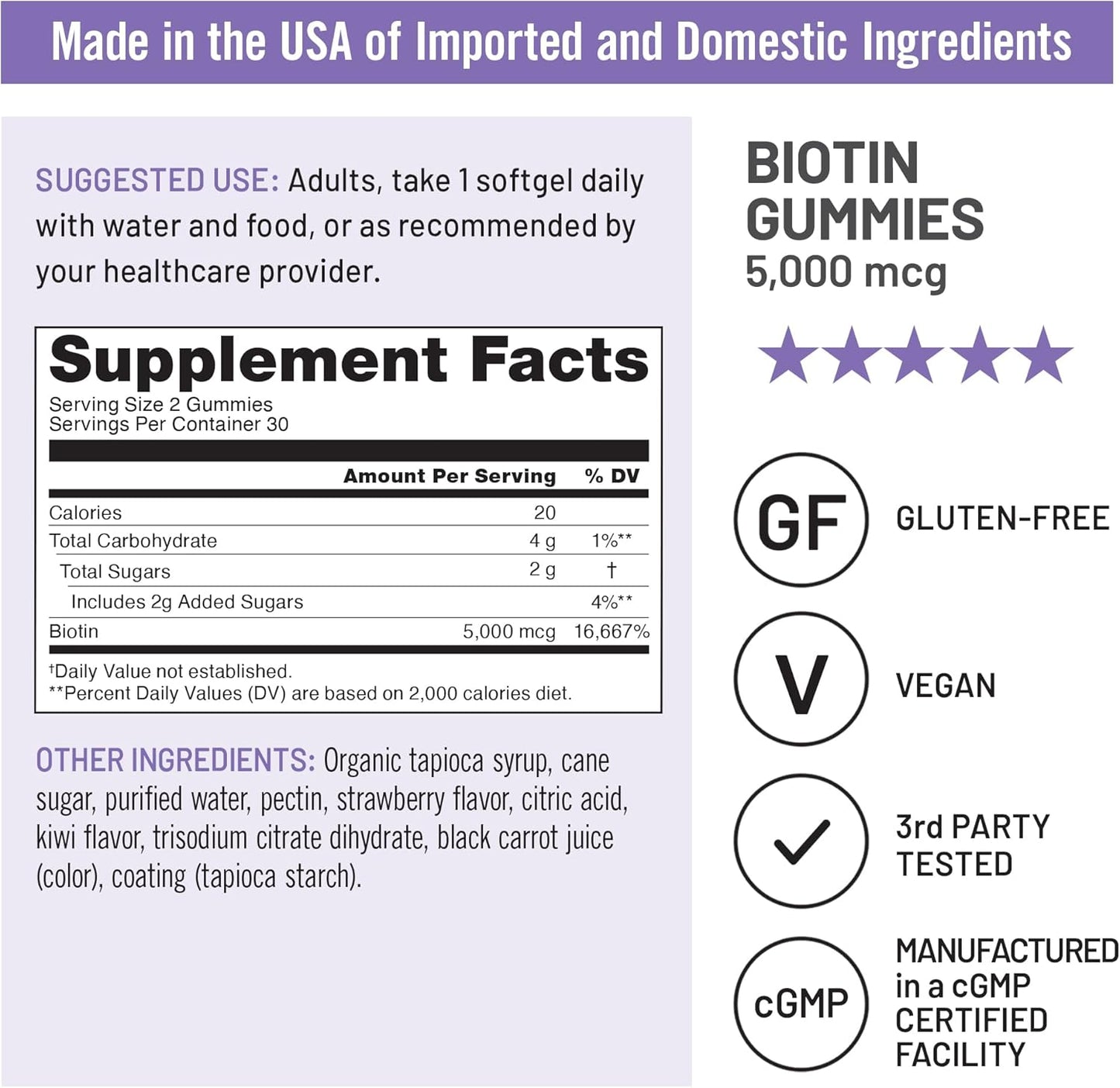 Vegan Strawberry-Kiwi Biotin Gummies - Hair, Skin, and Nails Supplement - 5000mcg Vitamin B7 - Gluten-Free - Natural Beauty Support - 60 Count