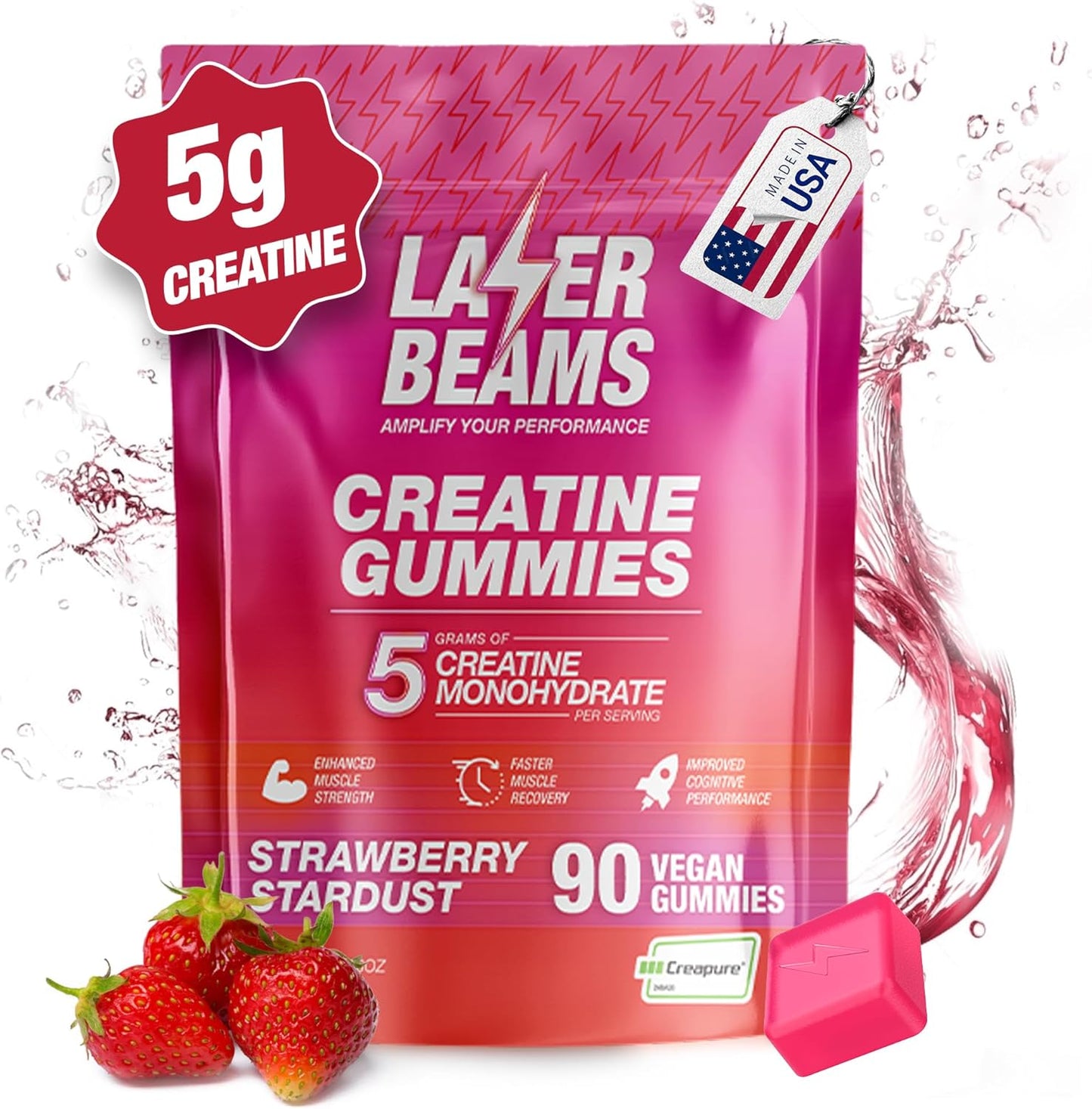 Vegan Strawberry Stardust Laser Beams Creatine Monohydrate Gummies - 5g Creapure Creatine - Muscle Strength, Endurance, Recovery, Mental Focus - 90 Gummies, Gluten-Free