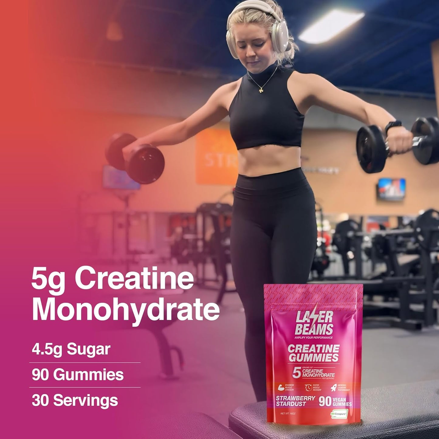 Vegan Strawberry Stardust Laser Beams Creatine Monohydrate Gummies - 5g Creapure Creatine - Muscle Strength, Endurance, Recovery, Mental Focus - 90 Gummies, Gluten-Free