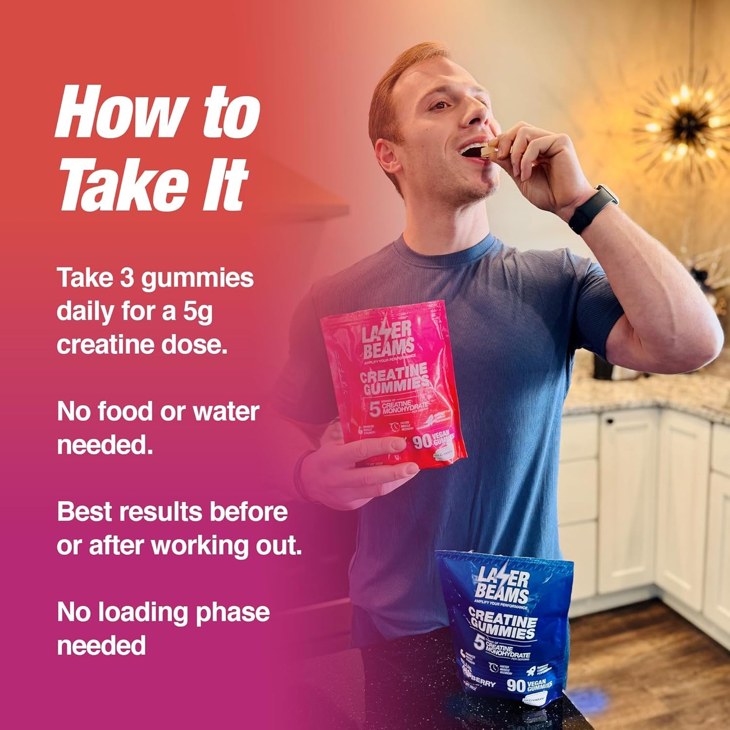 Vegan Strawberry Stardust Laser Beams Creatine Monohydrate Gummies - 5g Creapure Creatine - Muscle Strength, Endurance, Recovery, Mental Focus - 90 Gummies, Gluten-Free