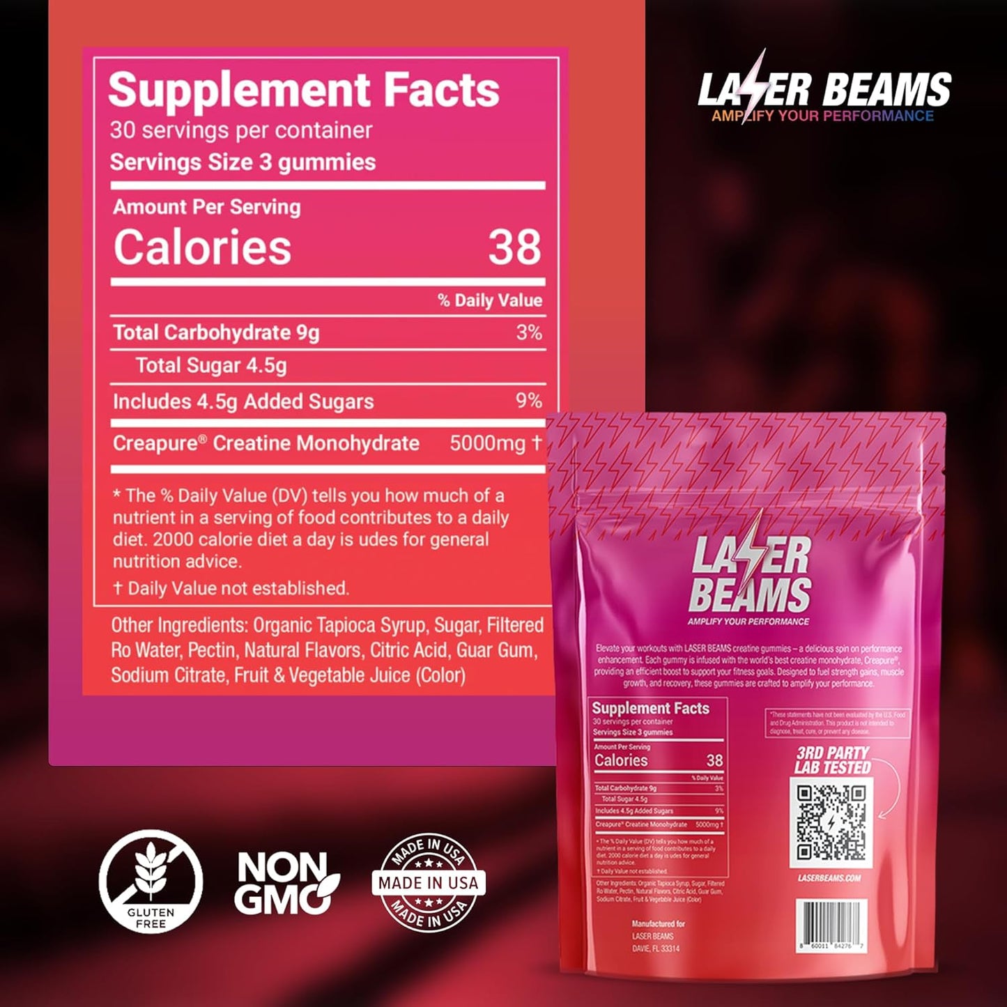 Vegan Strawberry Stardust Laser Beams Creatine Monohydrate Gummies - 5g Creapure Creatine - Muscle Strength, Endurance, Recovery, Mental Focus - 90 Gummies, Gluten-Free