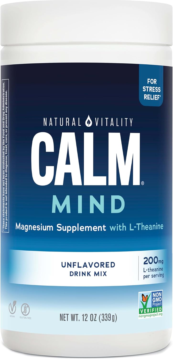 Vegan Stress Relief Supplement: Natural Vitality Calm Mind Powder with Magnesium Citrate + L-Theanine - 12 oz, Gluten Free
