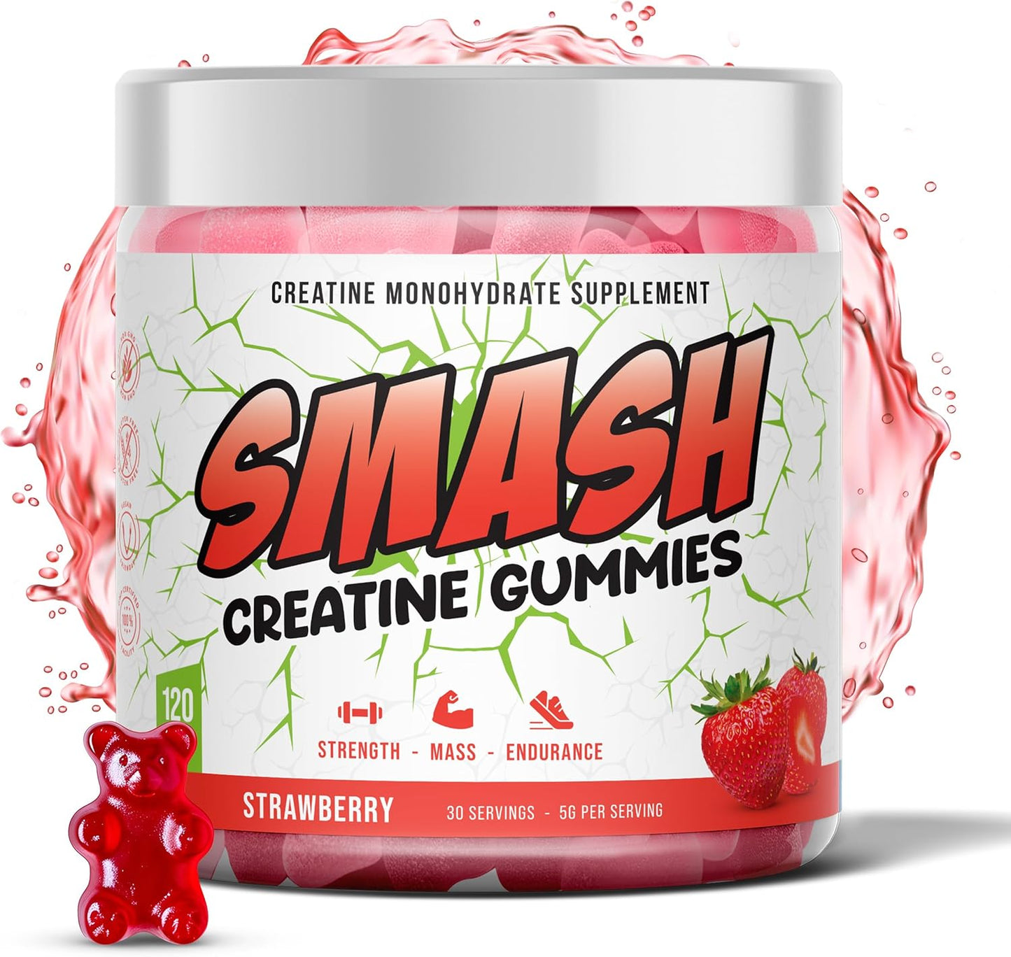 Vegan Sugar-Free Creatine Monohydrate Gummies for Pre and Post Workout, 5g per Serving, 120ct Strawberry Flavor, Gluten-Free - Ideal for Women and Men