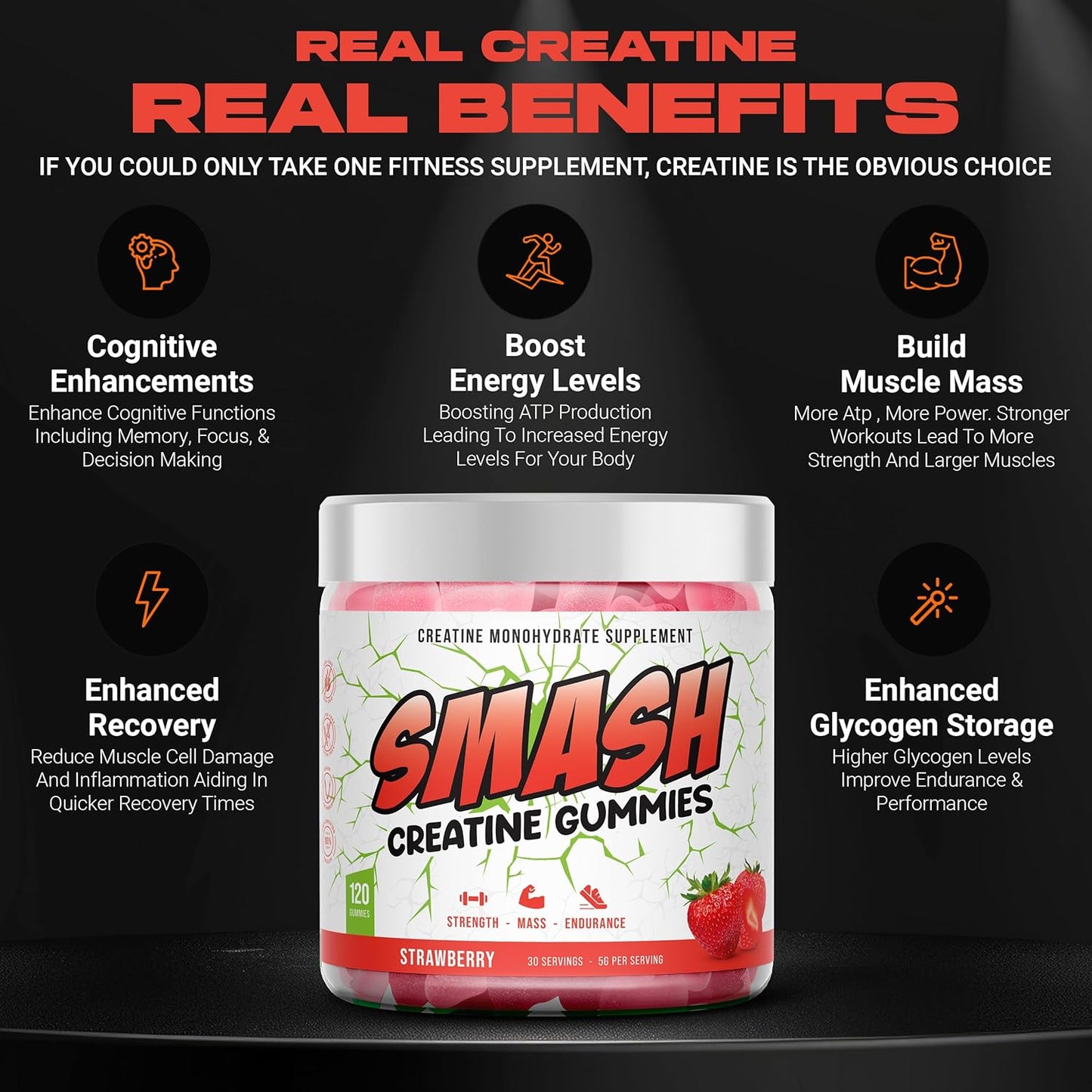 Vegan Sugar-Free Creatine Monohydrate Gummies for Pre and Post Workout, 5g per Serving, 120ct Strawberry Flavor, Gluten-Free - Ideal for Women and Men