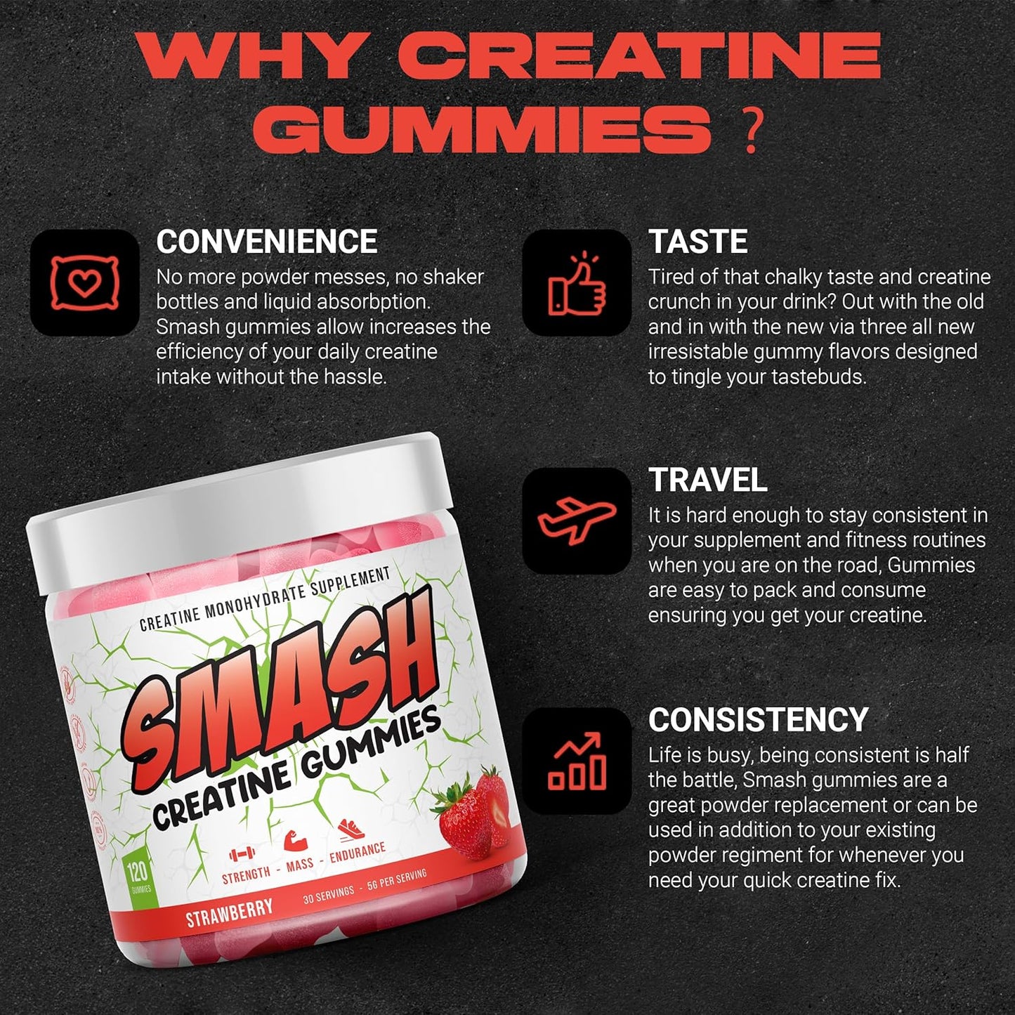 Vegan Sugar-Free Creatine Monohydrate Gummies for Pre and Post Workout, 5g per Serving, 120ct Strawberry Flavor, Gluten-Free - Ideal for Women and Men
