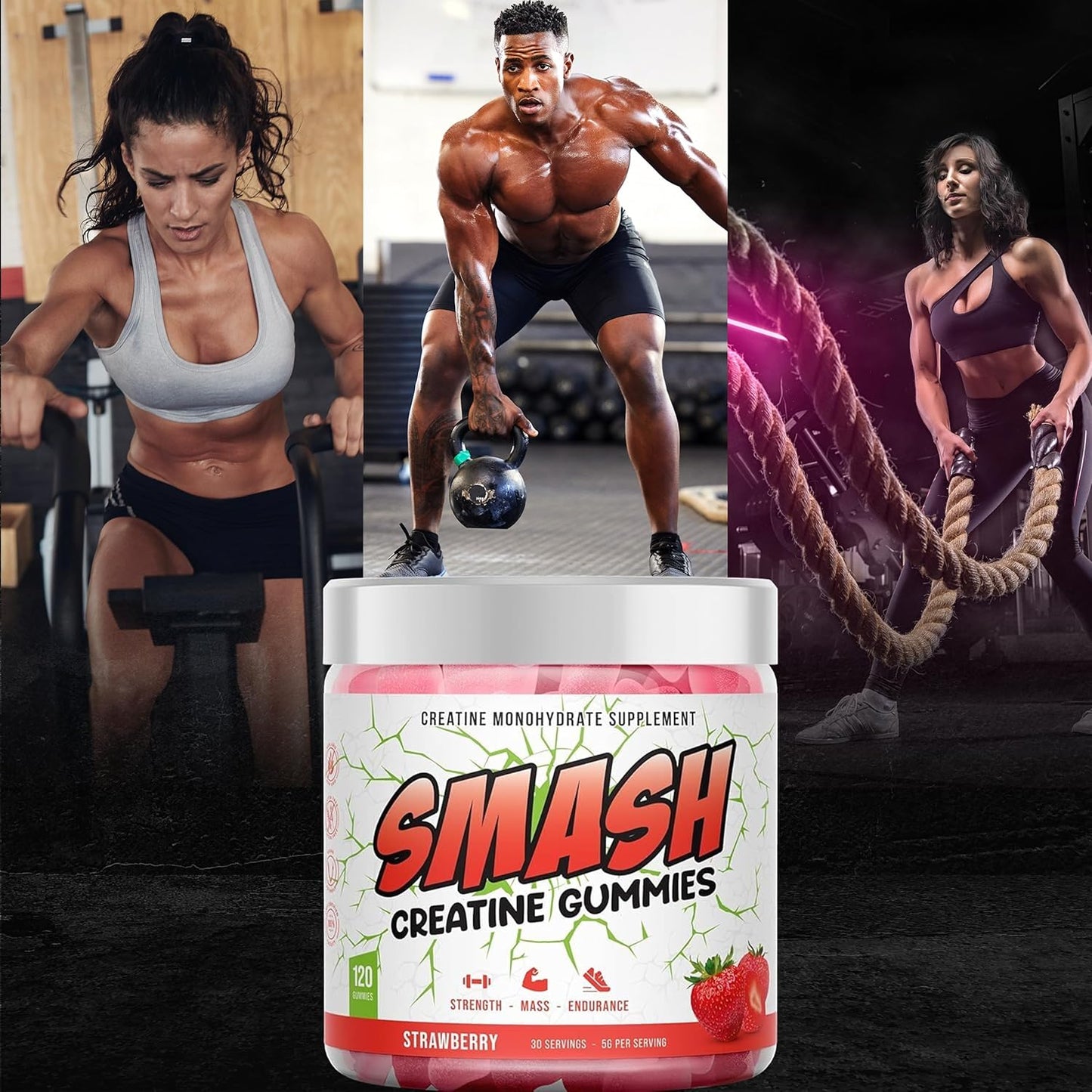 Vegan Sugar-Free Creatine Monohydrate Gummies for Pre and Post Workout, 5g per Serving, 120ct Strawberry Flavor, Gluten-Free - Ideal for Women and Men