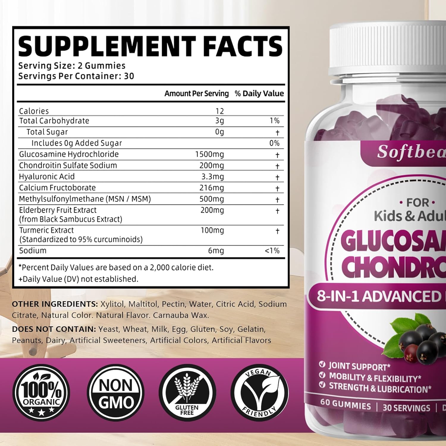 Vegan Sugar-Free Glucosamine Chondroitin Gummies with MSM for Joint Health - Elderberry Flavor (120 Gummies)