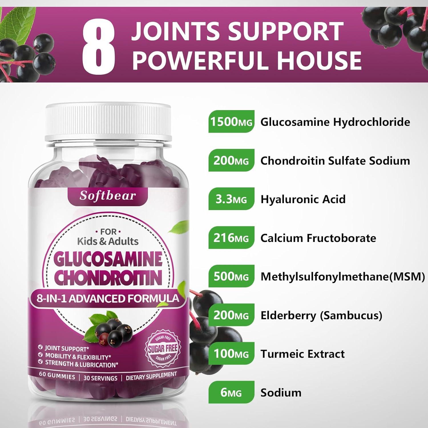 Vegan Sugar-Free Glucosamine Chondroitin Gummies with MSM for Joint Health - Elderberry Flavor (120 Gummies)