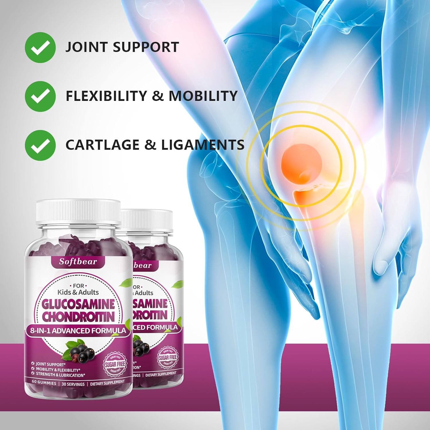 Vegan Sugar-Free Glucosamine Chondroitin Gummies with MSM for Joint Health - Elderberry Flavor (120 Gummies)