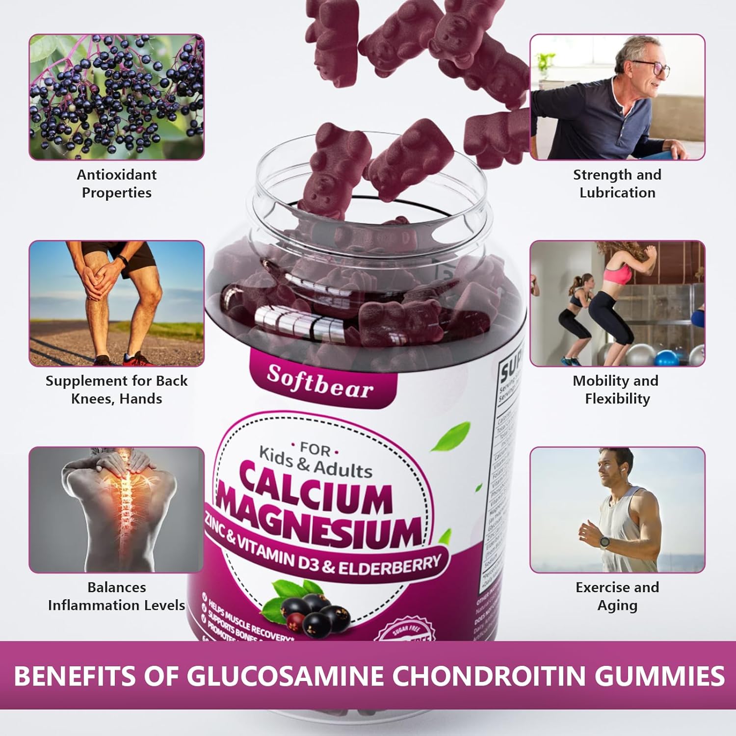 Vegan Sugar-Free Glucosamine Chondroitin Gummies with MSM for Joint Health - Elderberry Flavor (120 Gummies)