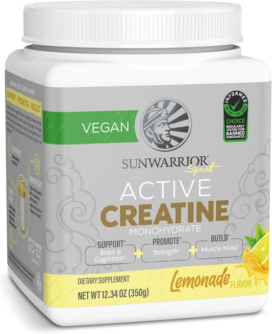 Vegan Sunwarrior Creatine Monohydrate Powder for Muscle Building & Recovery - Micronized PreWorkout Supplement (50 Servings, Lemonade Flavored)