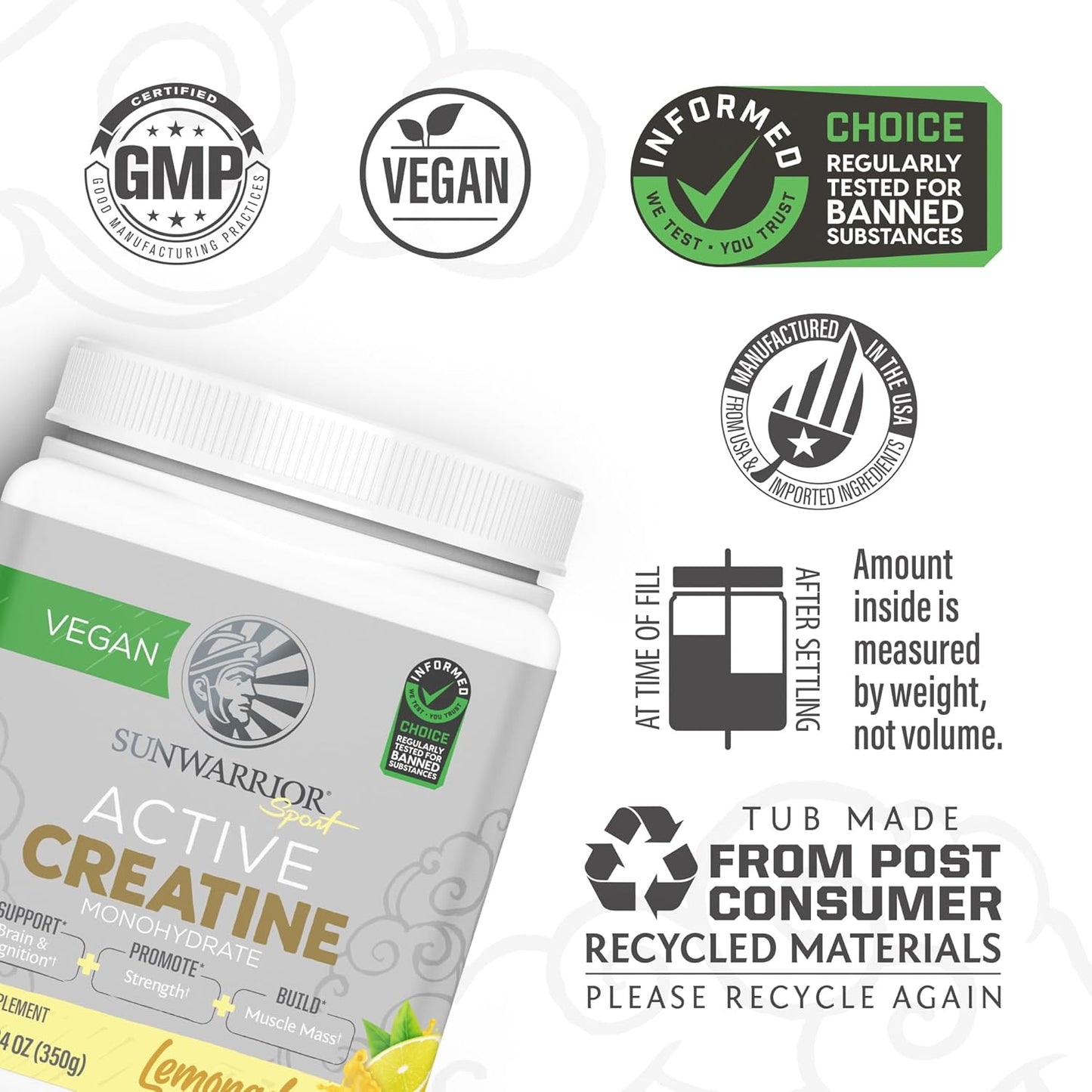 Vegan Sunwarrior Creatine Monohydrate Powder for Muscle Building & Recovery - Micronized PreWorkout Supplement (50 Servings, Lemonade Flavored)