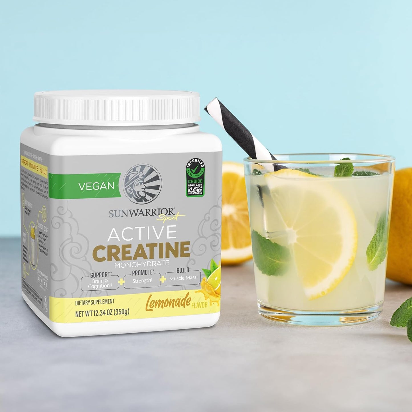 Vegan Sunwarrior Creatine Monohydrate Powder for Muscle Building & Recovery - Micronized PreWorkout Supplement (50 Servings, Lemonade Flavored)