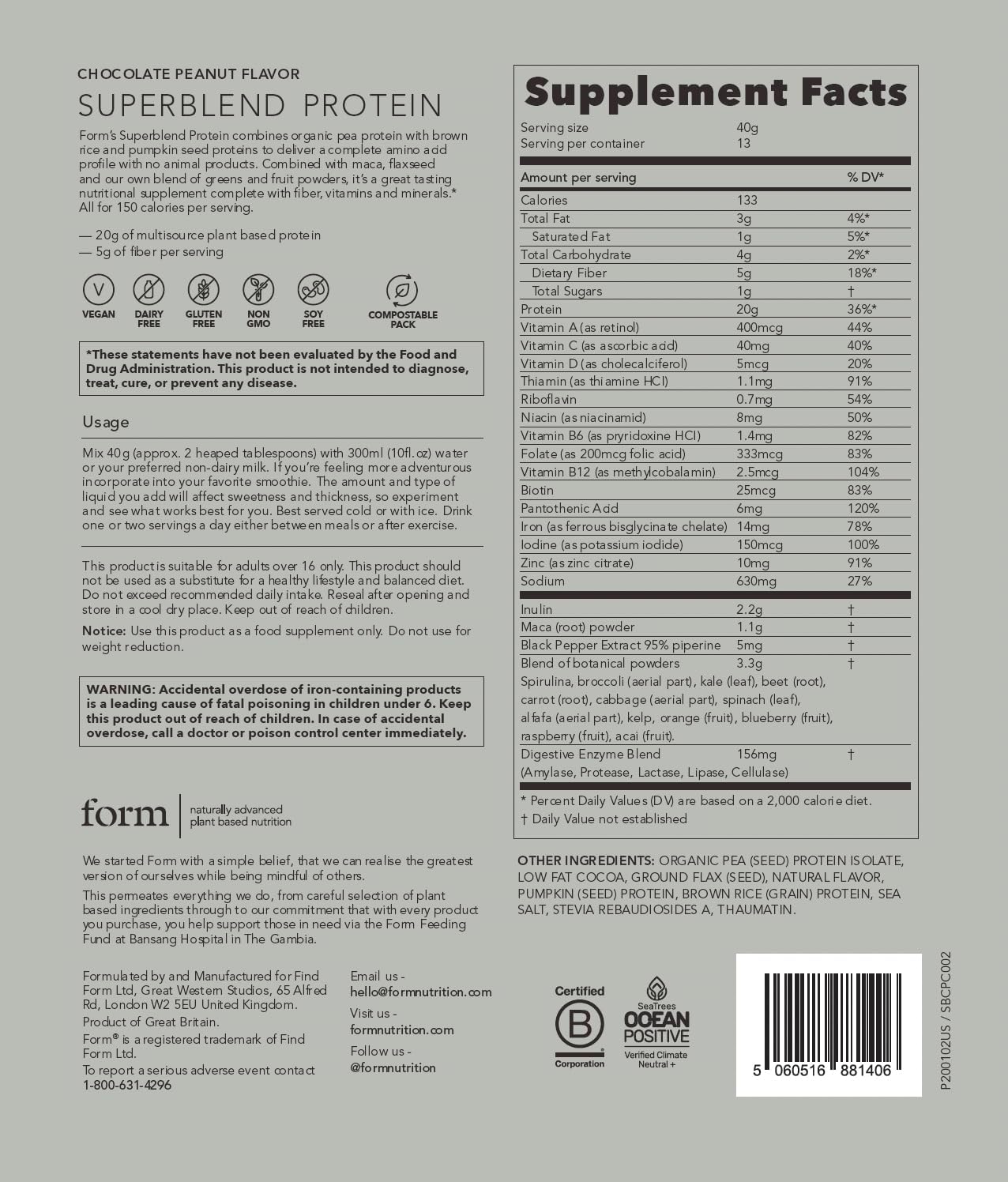 Vegan Superblend Protein Powder with Superfoods, Vitamins, Minerals - 20g Plant Based Protein (Chocolate Peanut)