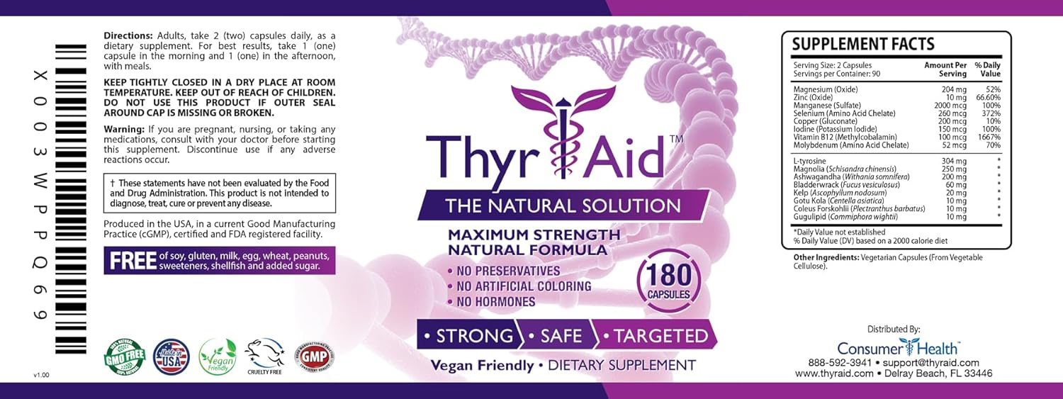 Vegan Thyroid Supplement with Iodine, Kelp, and Ashwagandha - 180 Capsules - 3 Month Supply