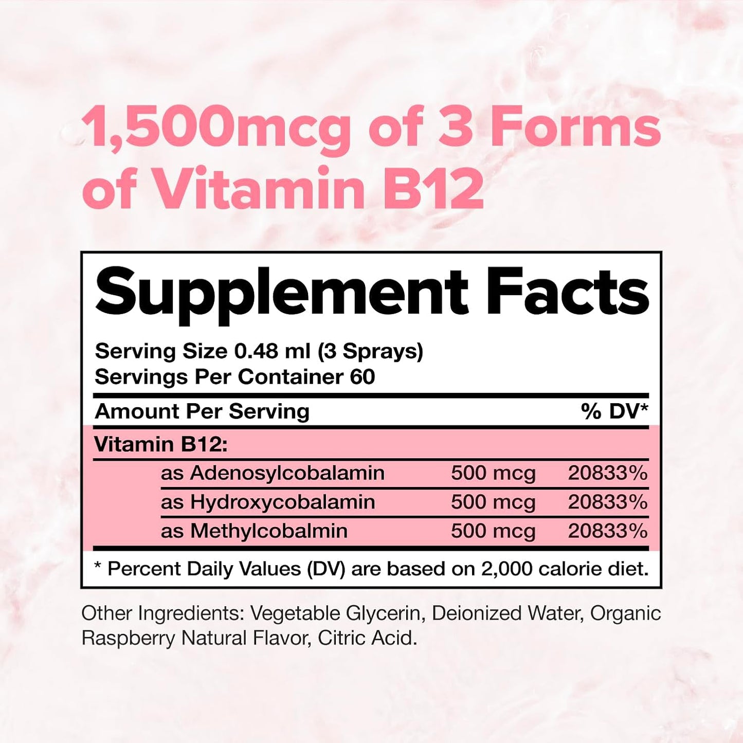 Vegan Triple B12 Liquid Spray - 1500 mcg Raspberry Flavor for Enhanced Absorption & Energy, Mood, Nervous System, Cognitive Function - 60 Servings for Kids & Adults