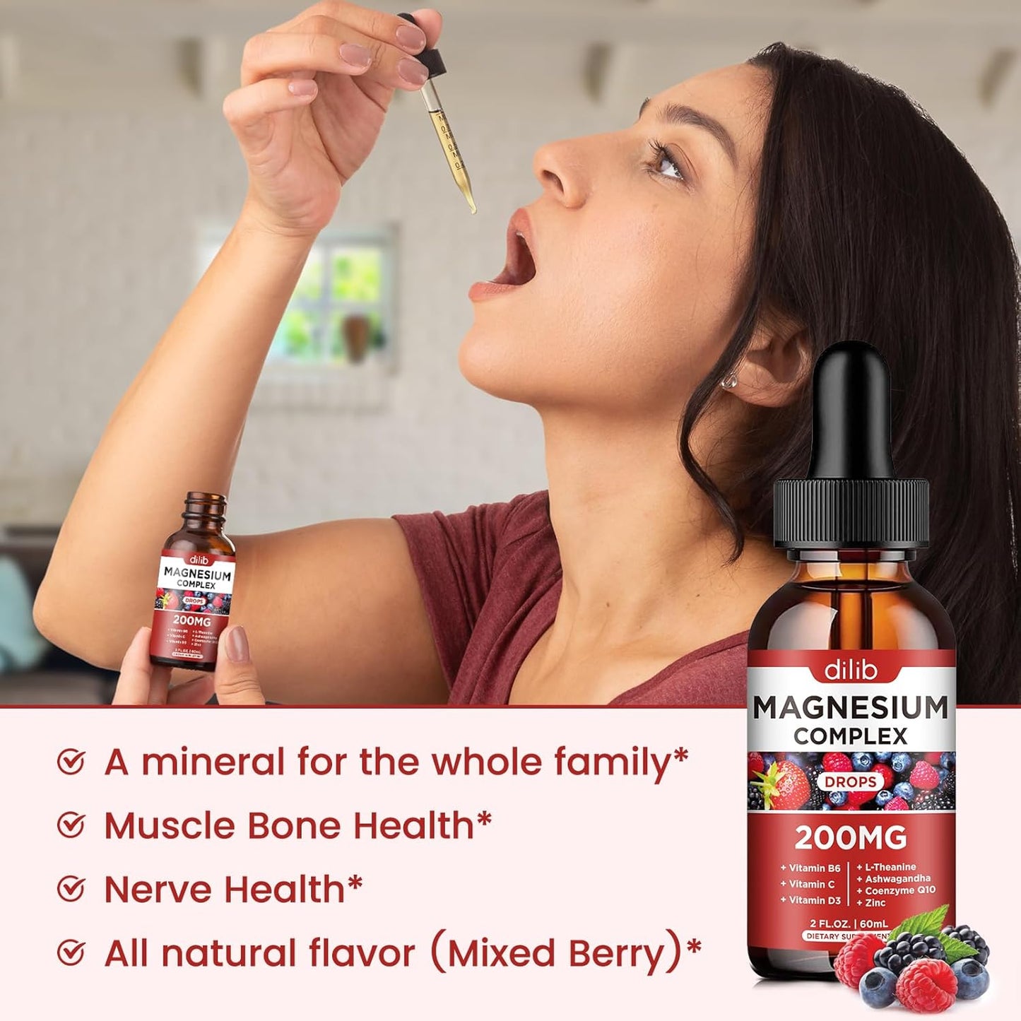 Vegan Triple Magnesium Complex Liquid Drops with Ashwagandha & CoQ10 - Berry Flavor, 200mg - Zinc, Vitamin B6, C, D - Glycinate, Threonate, Citrate Formula