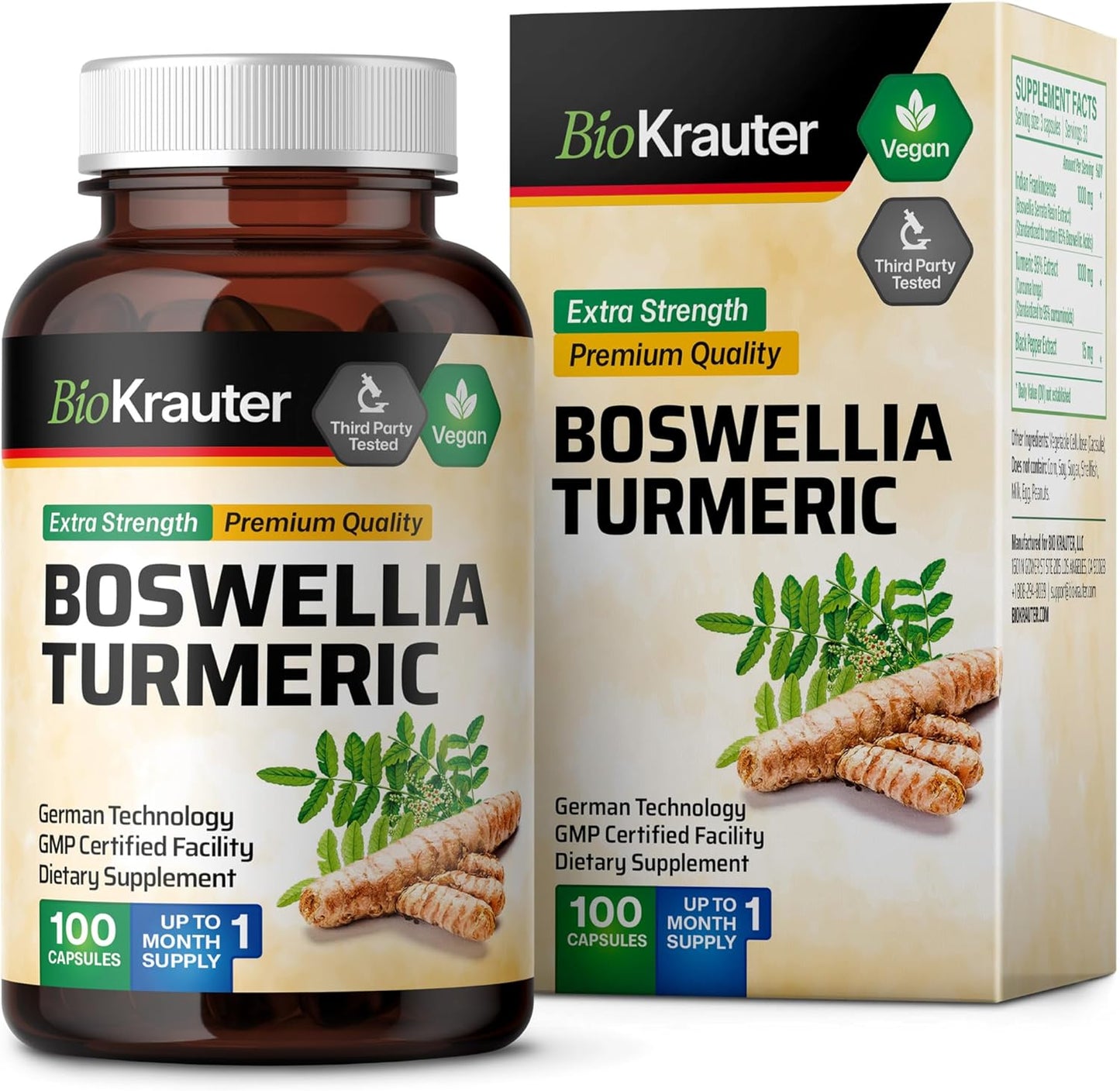 Vegan Turmeric and Boswellia Supplement Capsules - 2000mg Blend - 100 Count with Black Pepper - Bio Krauter Formula