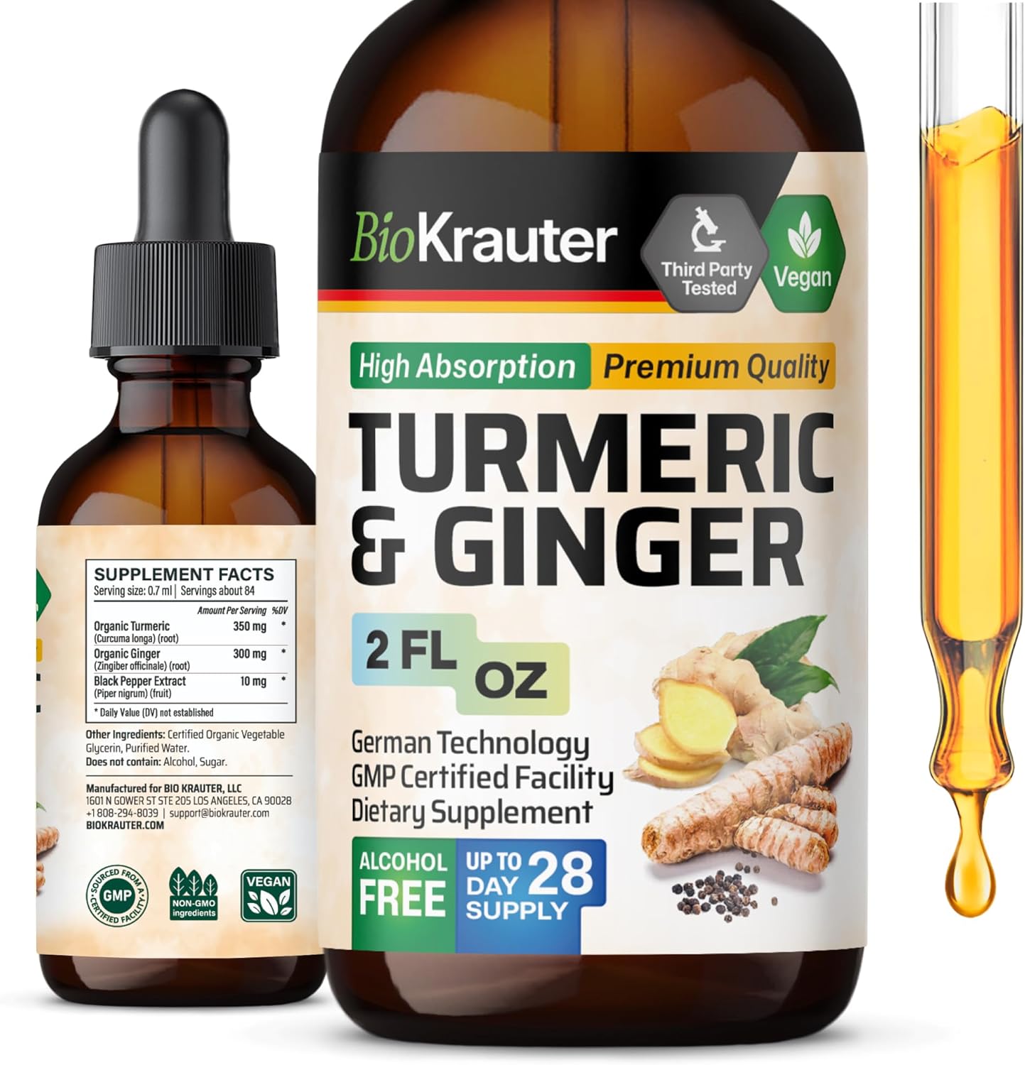 Vegan Turmeric Curcumin & Ginger Tincture with Black Pepper - Immune Support Drops - 2 Fl.Oz.