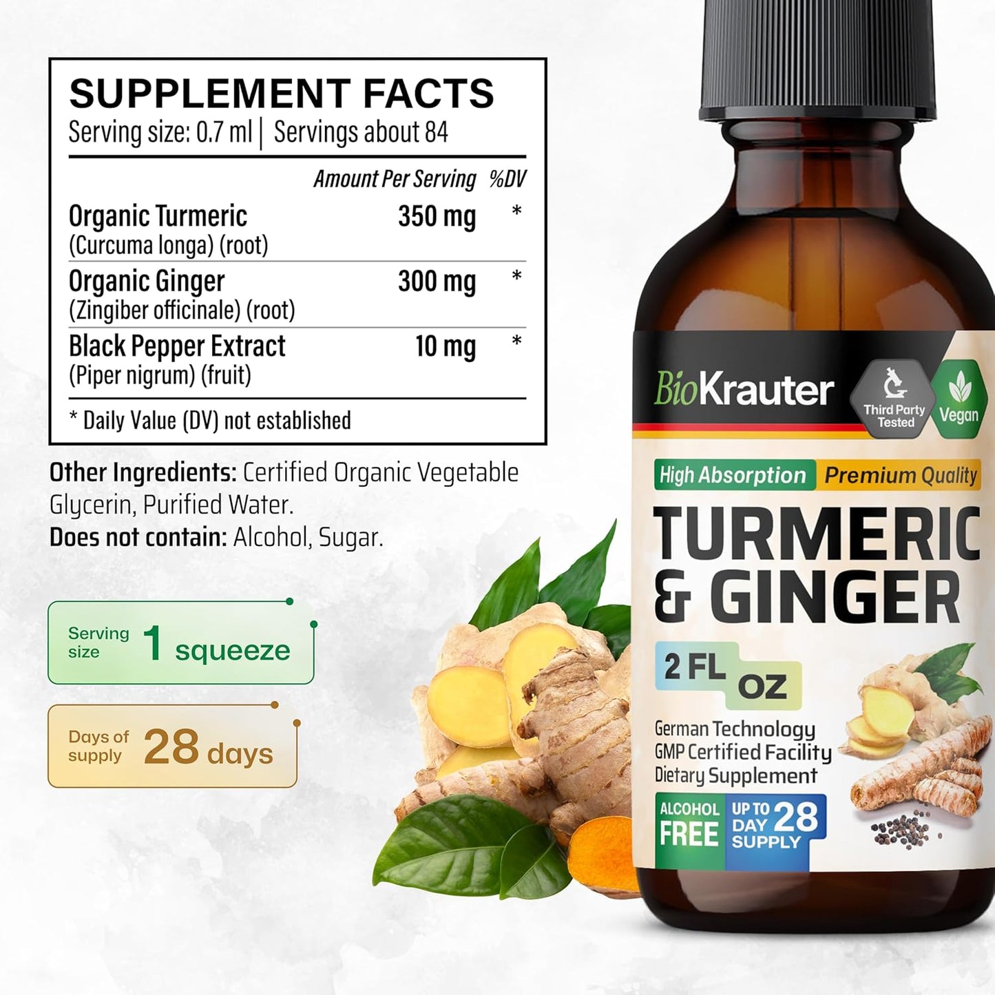 Vegan Turmeric Curcumin & Ginger Tincture with Black Pepper - Immune Support Drops - 2 Fl.Oz.