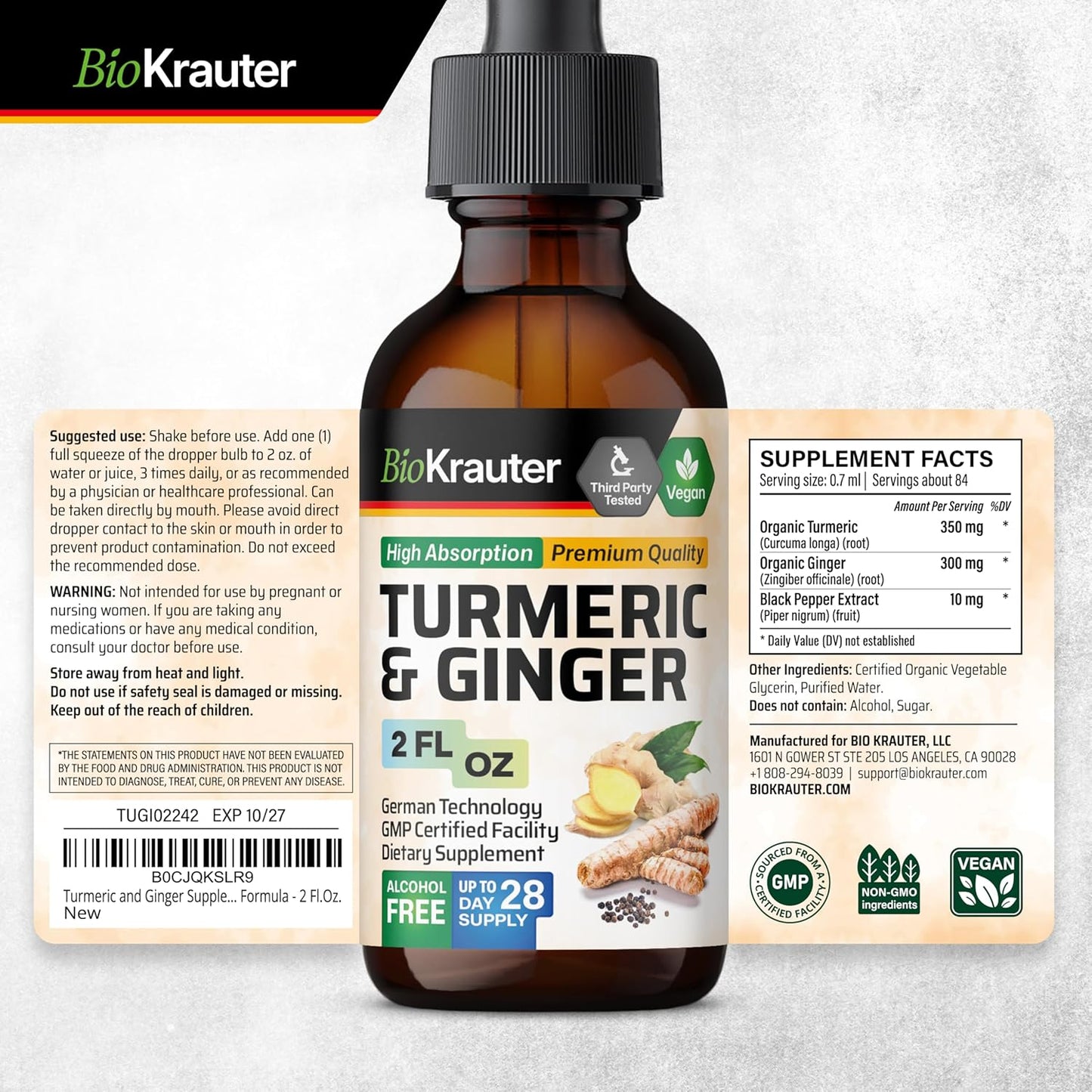 Vegan Turmeric Curcumin & Ginger Tincture with Black Pepper - Immune Support Drops - 2 Fl.Oz.