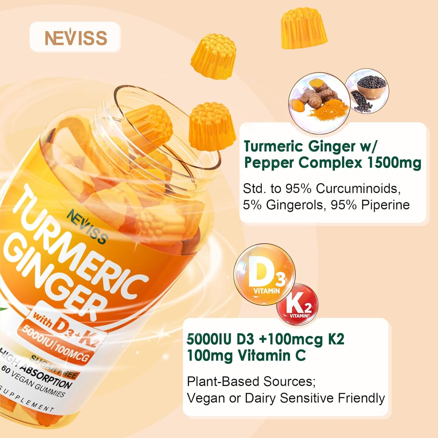 Vegan Turmeric Ginger Gummies with Vitamin D3 & K2 - 1500mg for Bone, Immune & Digestive Health - Sugar Free Formula with Black Pepper