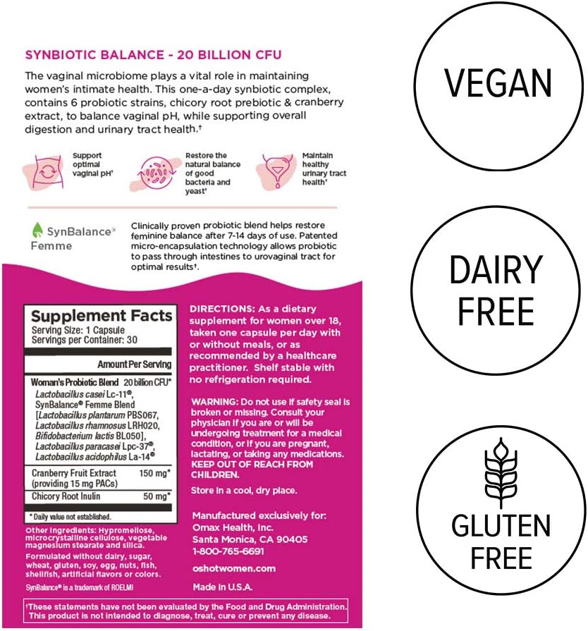 Vegan Vaginal Probiotic with Cranberry Extract and Chicory Root for pH Balance and Urinary Tract Health - 30 Capsules