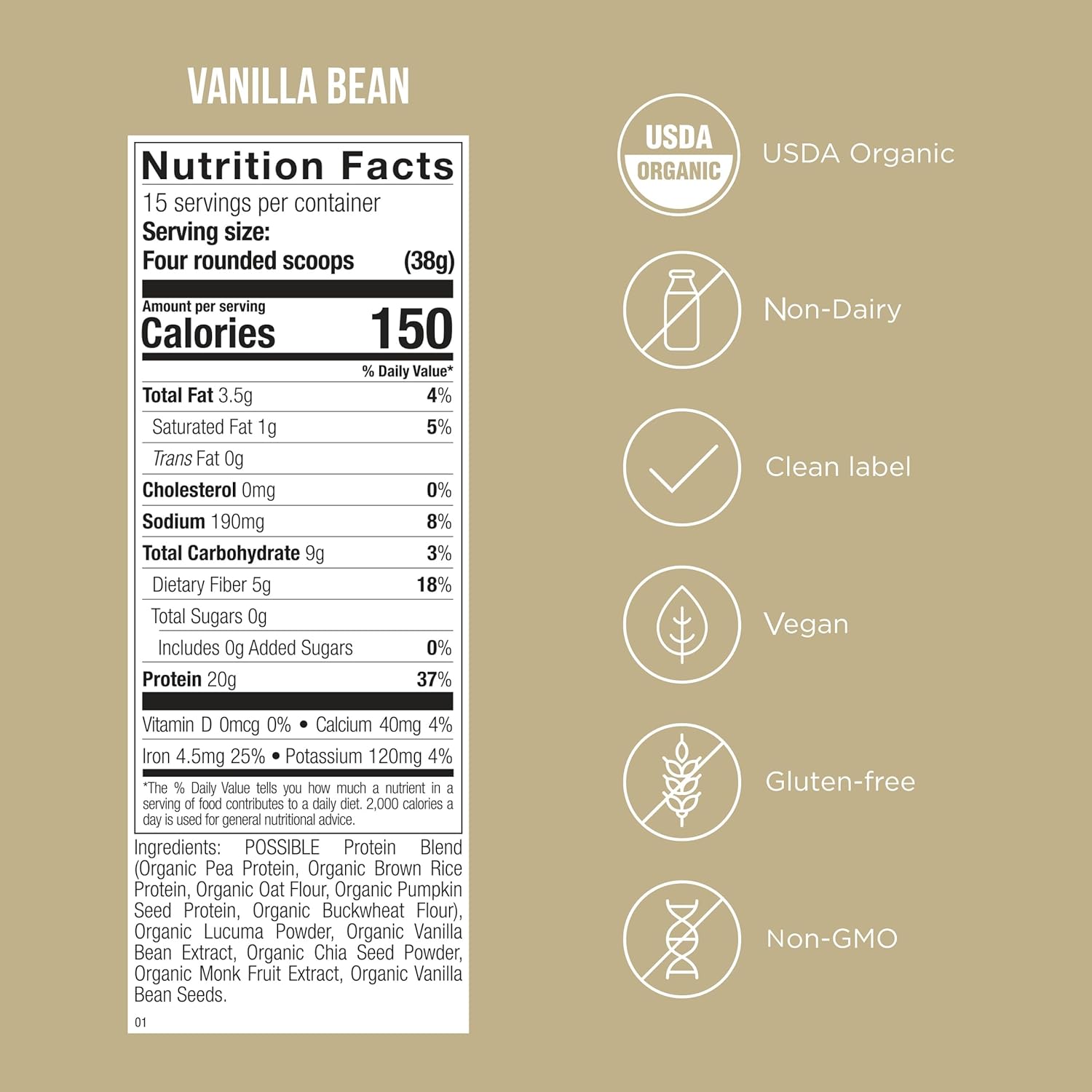 Vegan Vanilla Bean Protein Powder - 20g Plant-Based Protein Mix - Non-GMO, Gluten-Free - 3.5g BCAAs - 9 Essential Amino Acids - 30-Day Supply