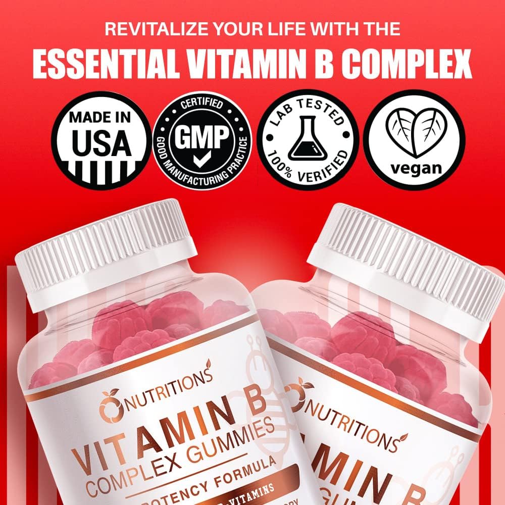 Vegan Vitamin B Complex Gummies with Biotin, Niacin, Folate for Stress & Energy (1 Pack)