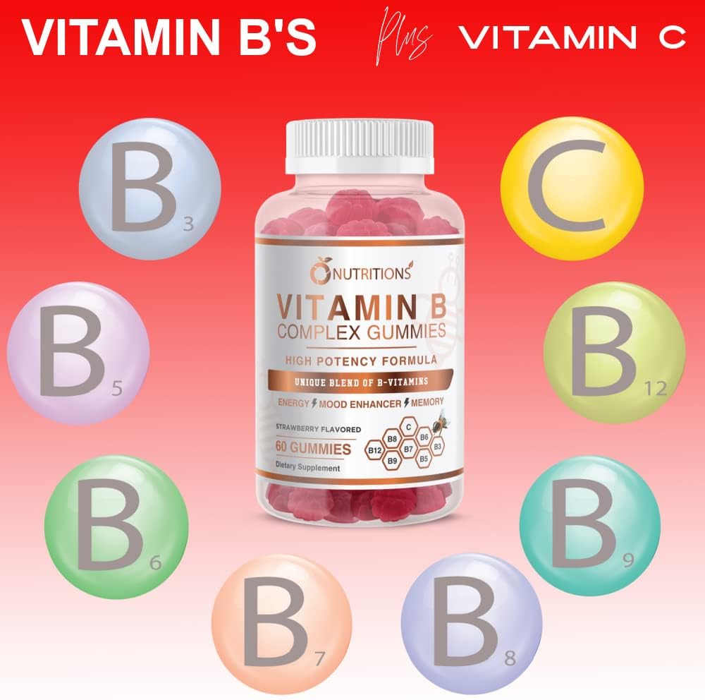 Vegan Vitamin B Complex Gummies with Biotin, Niacin, Folate for Stress & Energy (1 Pack)