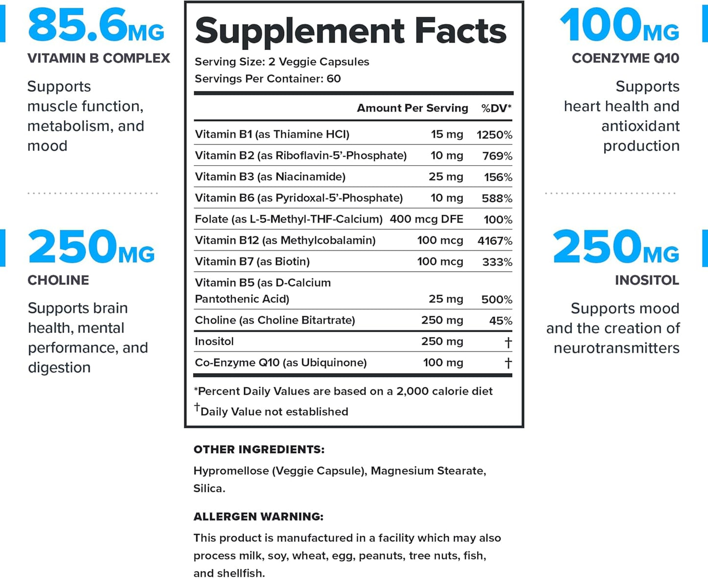 Vegan Vitamin B Complex with Choline and Inositol - Mood & Liver Support - 120 Capsules for Energy & Muscle