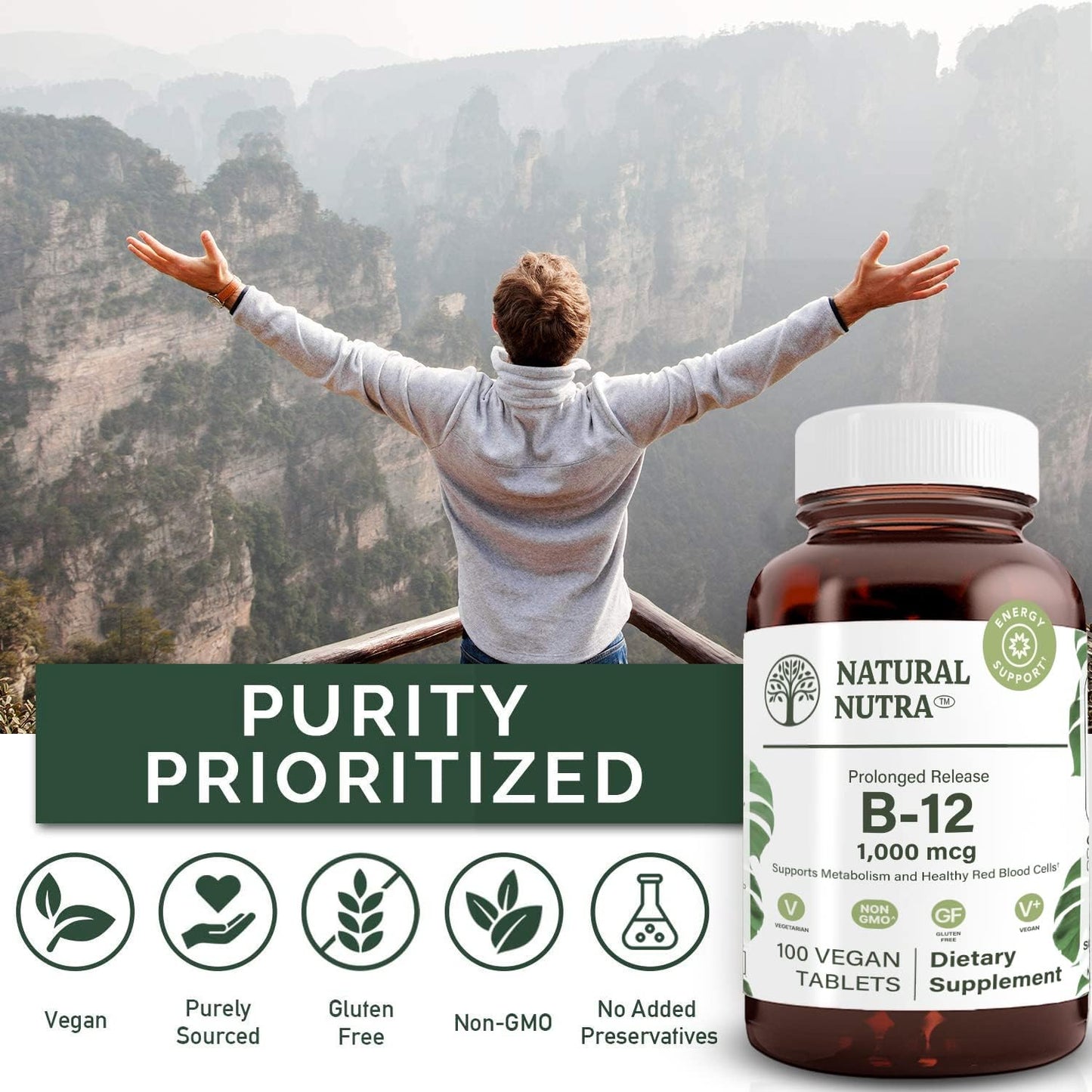Vegan Vitamin B12 Supplement 1000 mcg for Heart & Nerve Health, Metabolism Support, Optimal Absorption - Gluten & Sugar Free