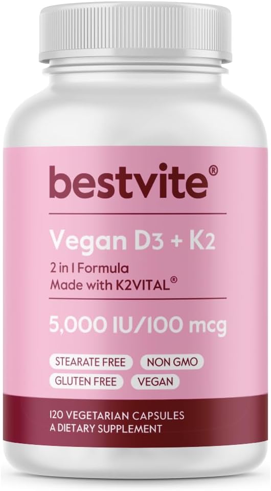 Vegan Vitamin D3 5000 IU with Vitamin K2 100 mcg - 120 Vegetarian Capsules - Non GMO & Gluten Free