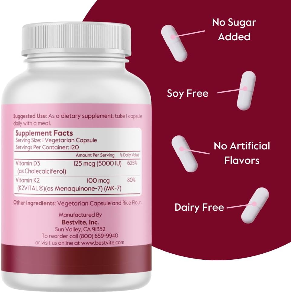 Vegan Vitamin D3 5000 IU with Vitamin K2 100 mcg - 120 Vegetarian Capsules - Non GMO & Gluten Free