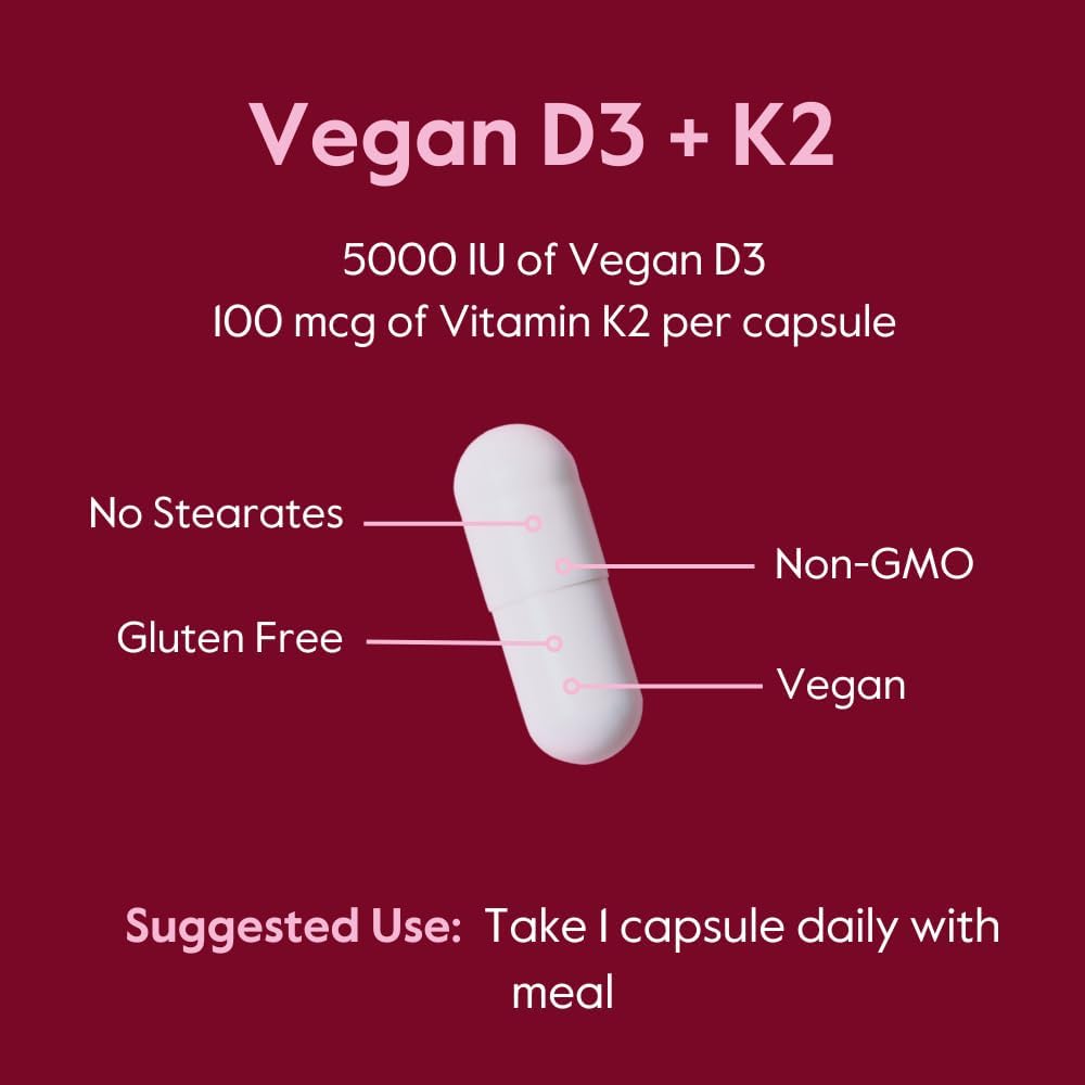 Vegan Vitamin D3 5000 IU with Vitamin K2 100 mcg - 120 Vegetarian Capsules - Non GMO & Gluten Free