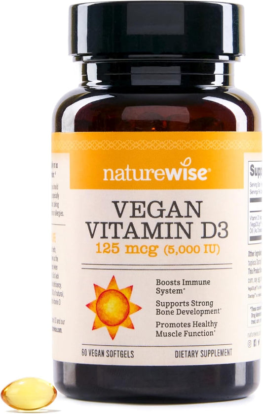 Vegan Vitamin D3 5000iu from Lichen with Olive Oil - Immune, Muscle, Bone Health - Non-GMO, Gluten-Free - 60 Softgels